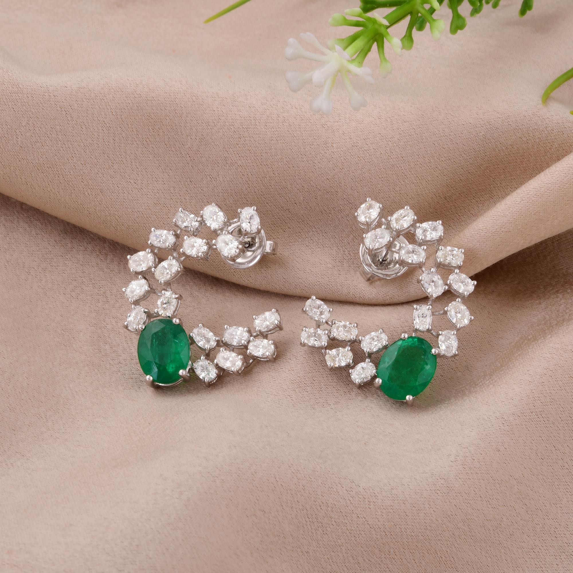 Oval Cut 14 Karat White Gold Real Zambian Emerald Gemstone Earrings Diamond Fine Jewelry For Sale