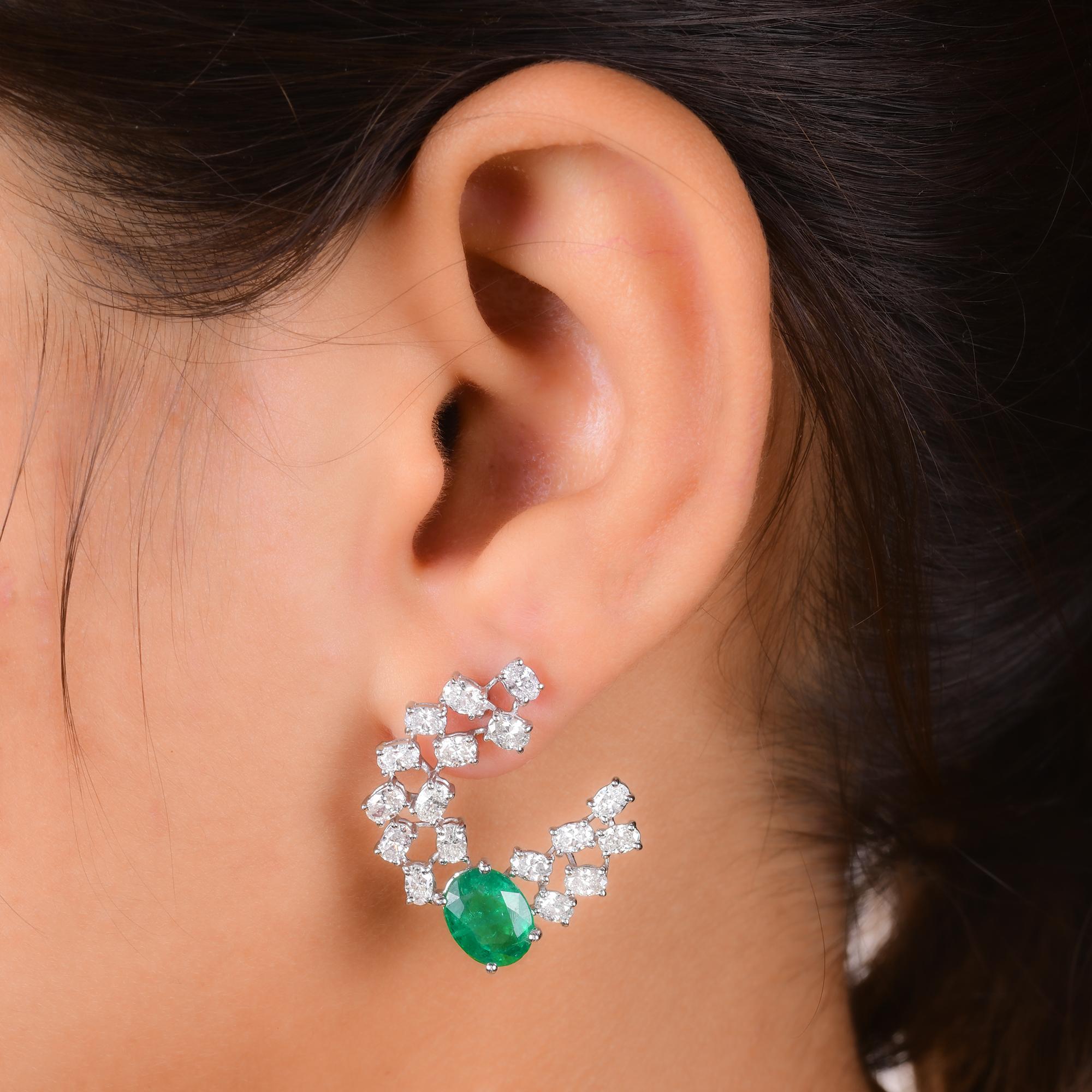Women's 14 Karat White Gold Real Zambian Emerald Gemstone Earrings Diamond Fine Jewelry For Sale