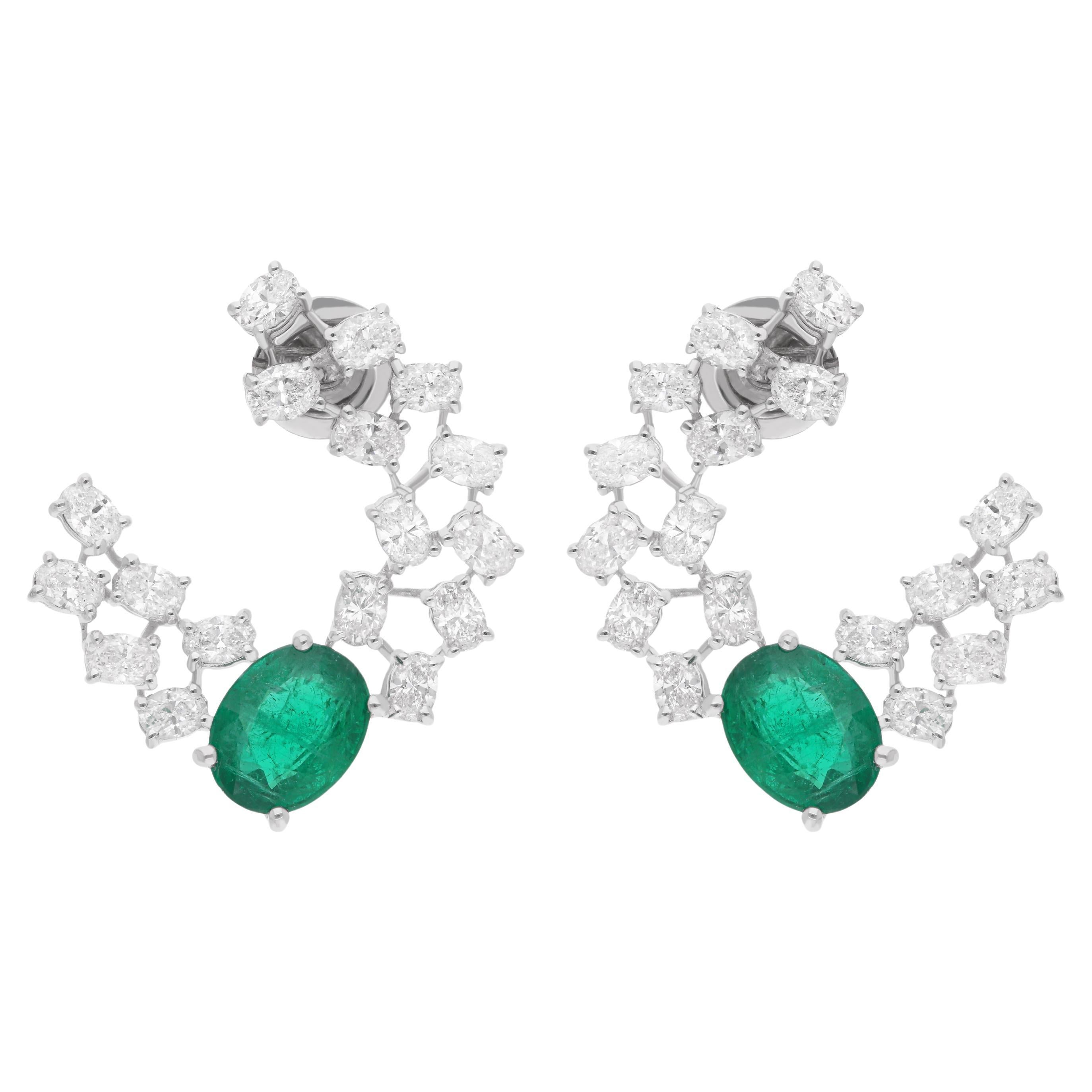 14 Karat White Gold Real Zambian Emerald Gemstone Earrings Diamond Fine Jewelry For Sale