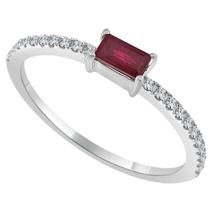 14 Karat White Gold Red Ruby Stackable Ring Birthstone Ring For Sale