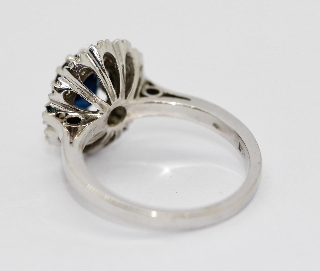 14 Karat White Gold Ring set with a large Sapphire and 12 white Diamonds. For Sale 1