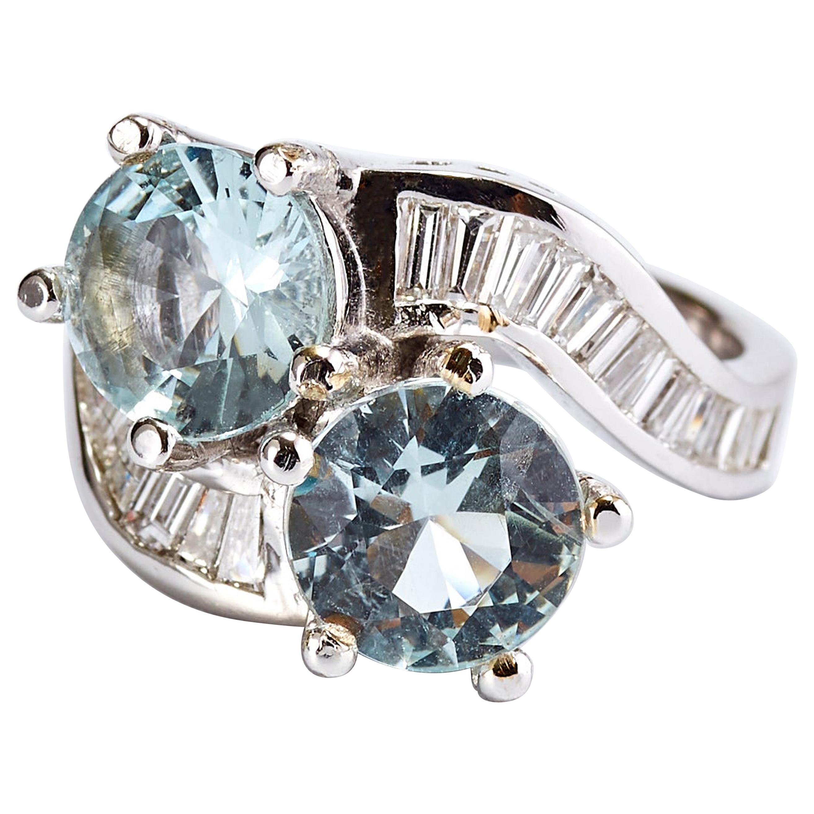 14 Karat White Gold Ring with 2 Aquamarine and Diamonds For Sale
