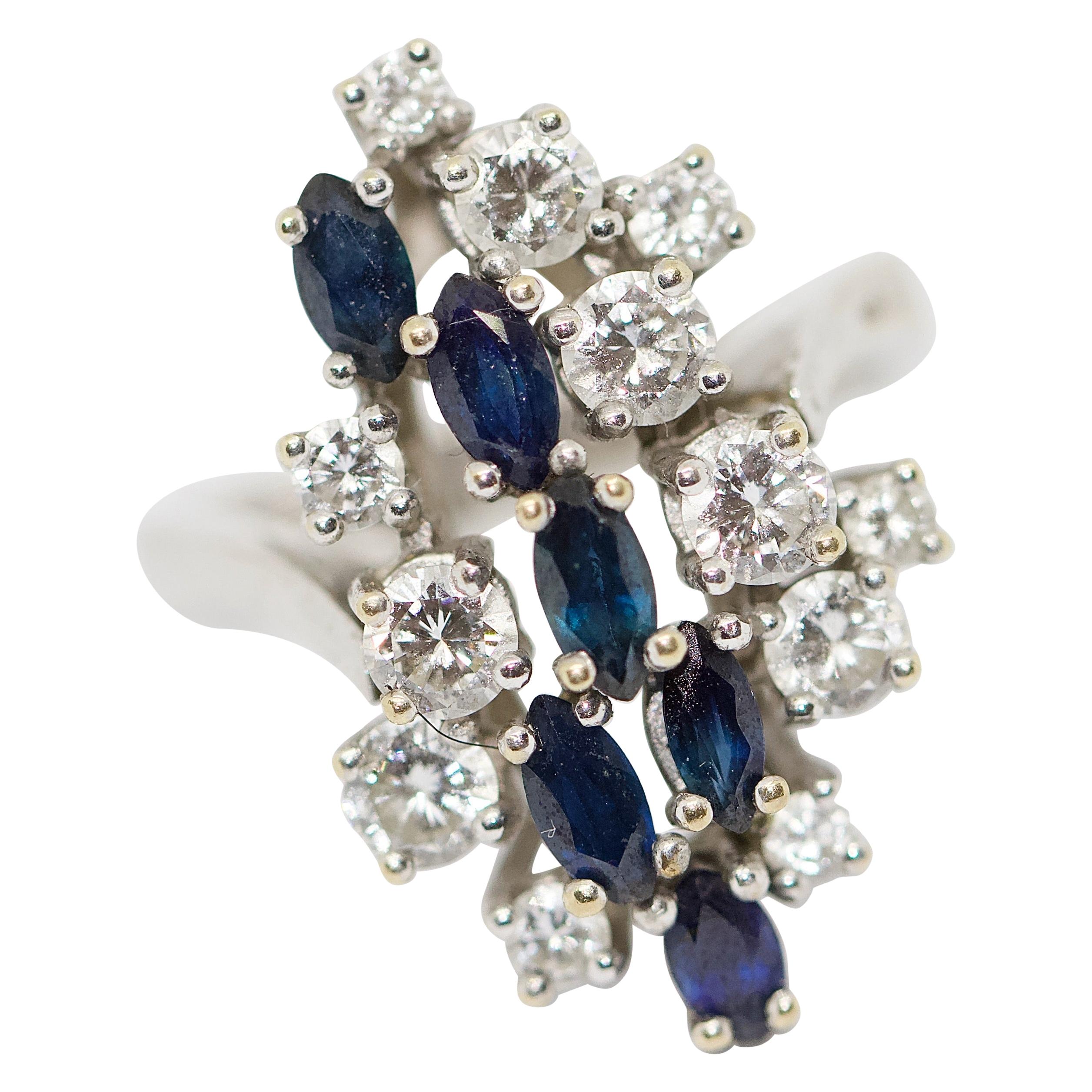 14 Karat White Gold Ring with Diamonds and Sapphires For Sale