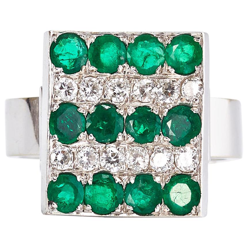 14 Karat White Gold Ring with Emerald Stones and Diamonds For Sale