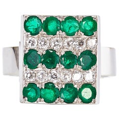 Retro 14 Karat White Gold Ring with Emerald Stones and Diamonds