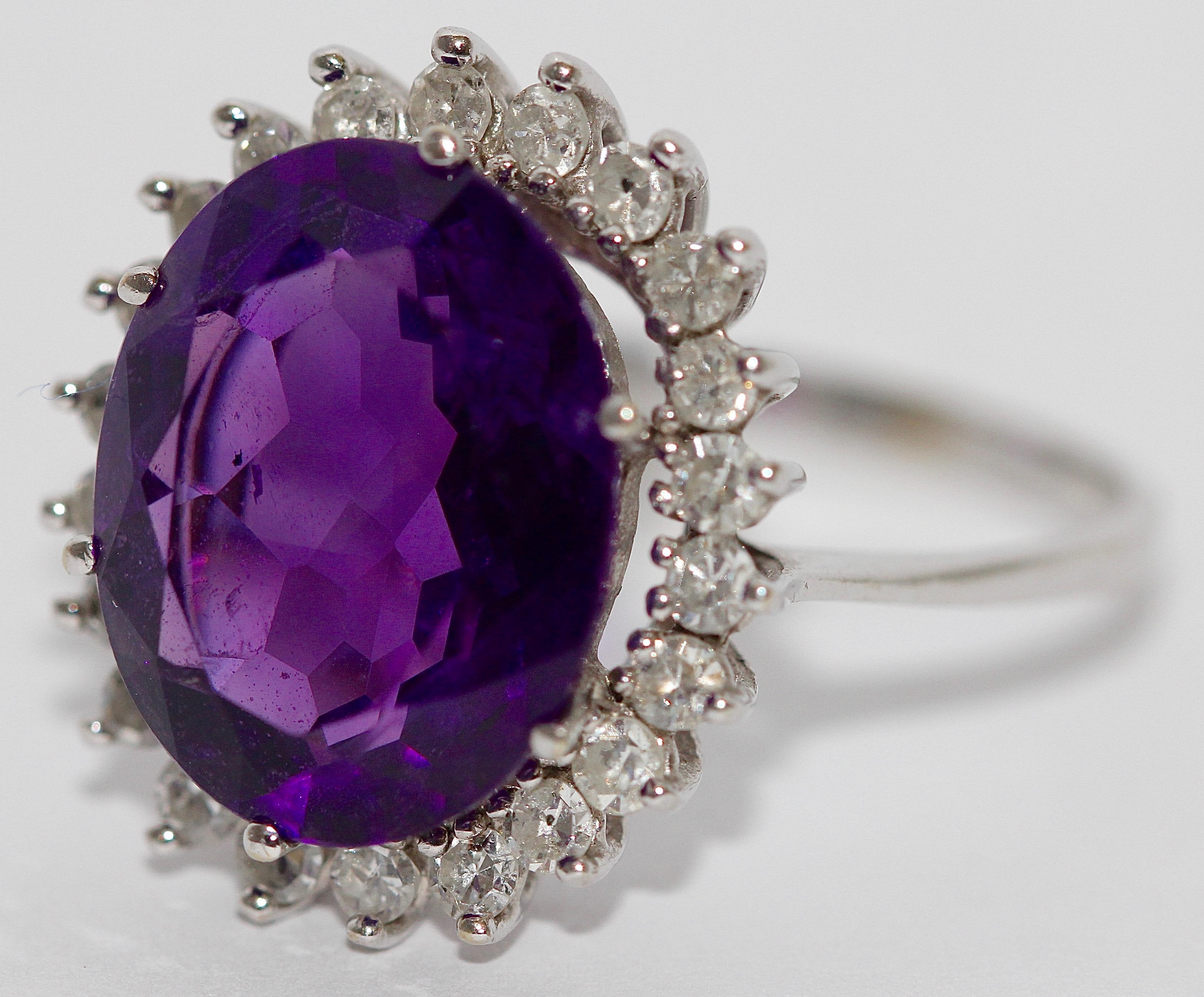 Round Cut 14 Karat White Gold Ring with Faceted, Strong Amethyst and Many Diamonds