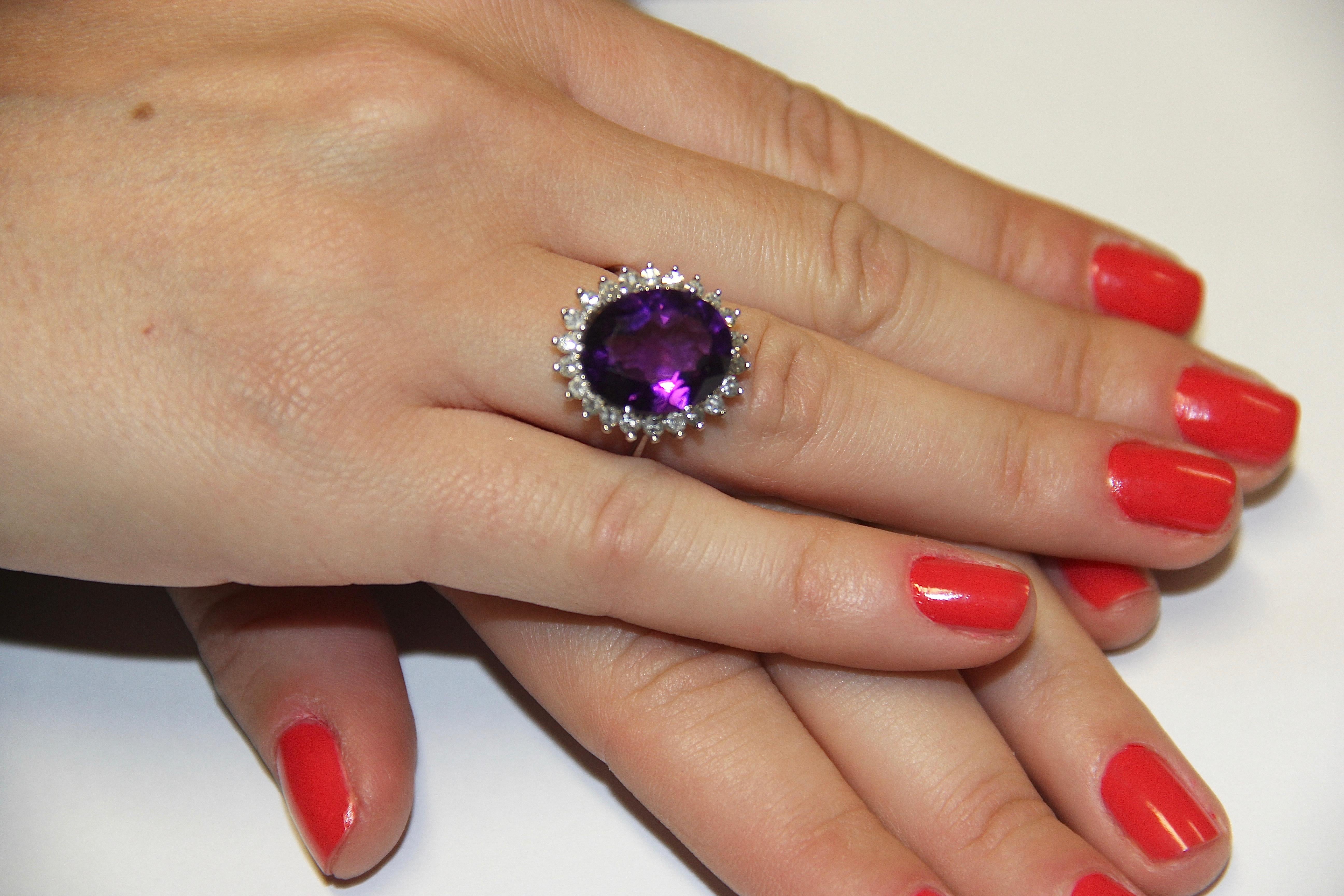 Women's 14 Karat White Gold Ring with Faceted, Strong Amethyst and Many Diamonds