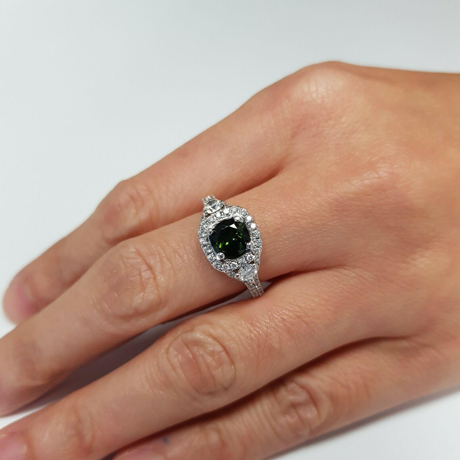 Women's or Men's 14 Karat White Gold Ring with Green Tourmaline in Center with Halo Diamonds For Sale