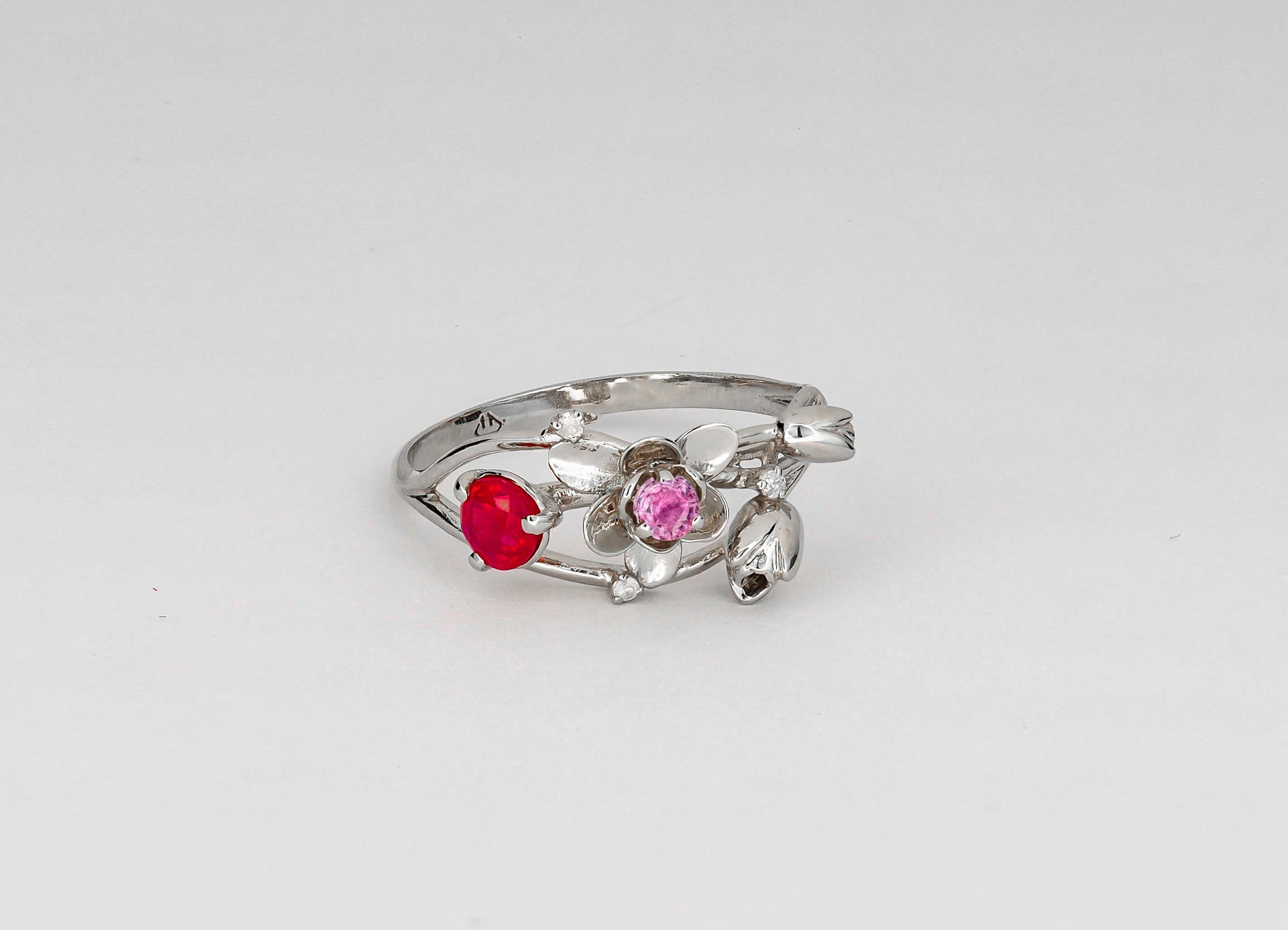 Round Cut 14 Karat White Gold Ring with Ruby, Sapphire and Diamonds. Orchid Gold Ring