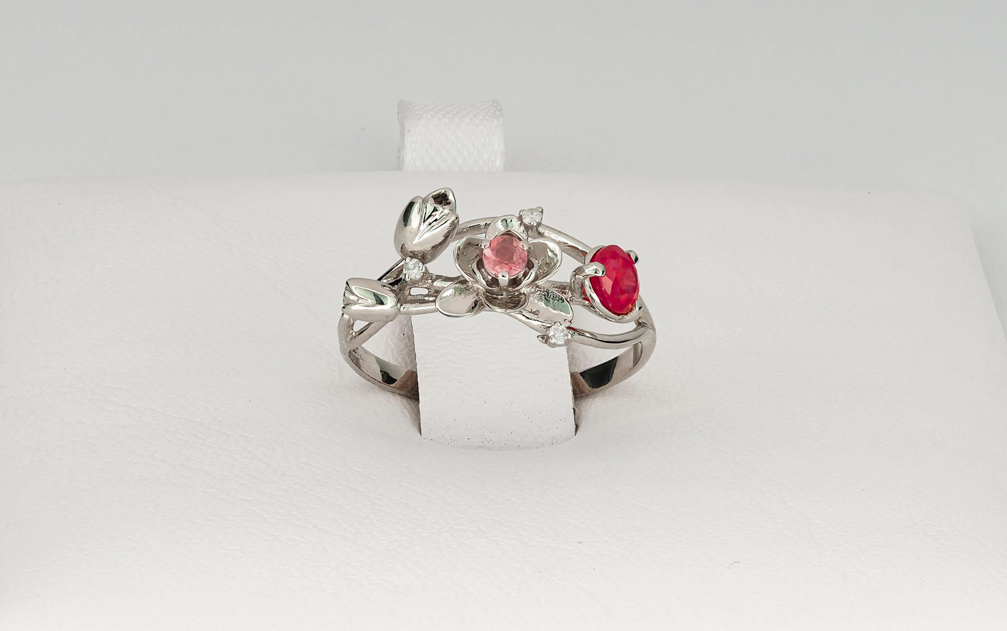 14 Karat White Gold Ring with Ruby, Sapphire and Diamonds. Orchid Gold Ring 2