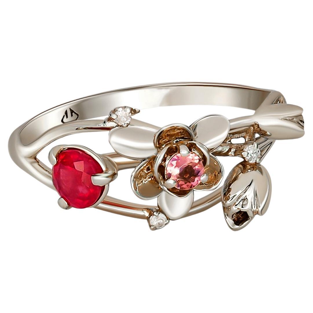 14 Karat White Gold Ring with Ruby, Sapphire and Diamonds. Orchid Gold Ring. 