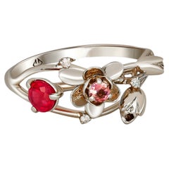 14 Karat White Gold Ring with Ruby, Sapphire and Diamonds. Orchid Gold Ring. 