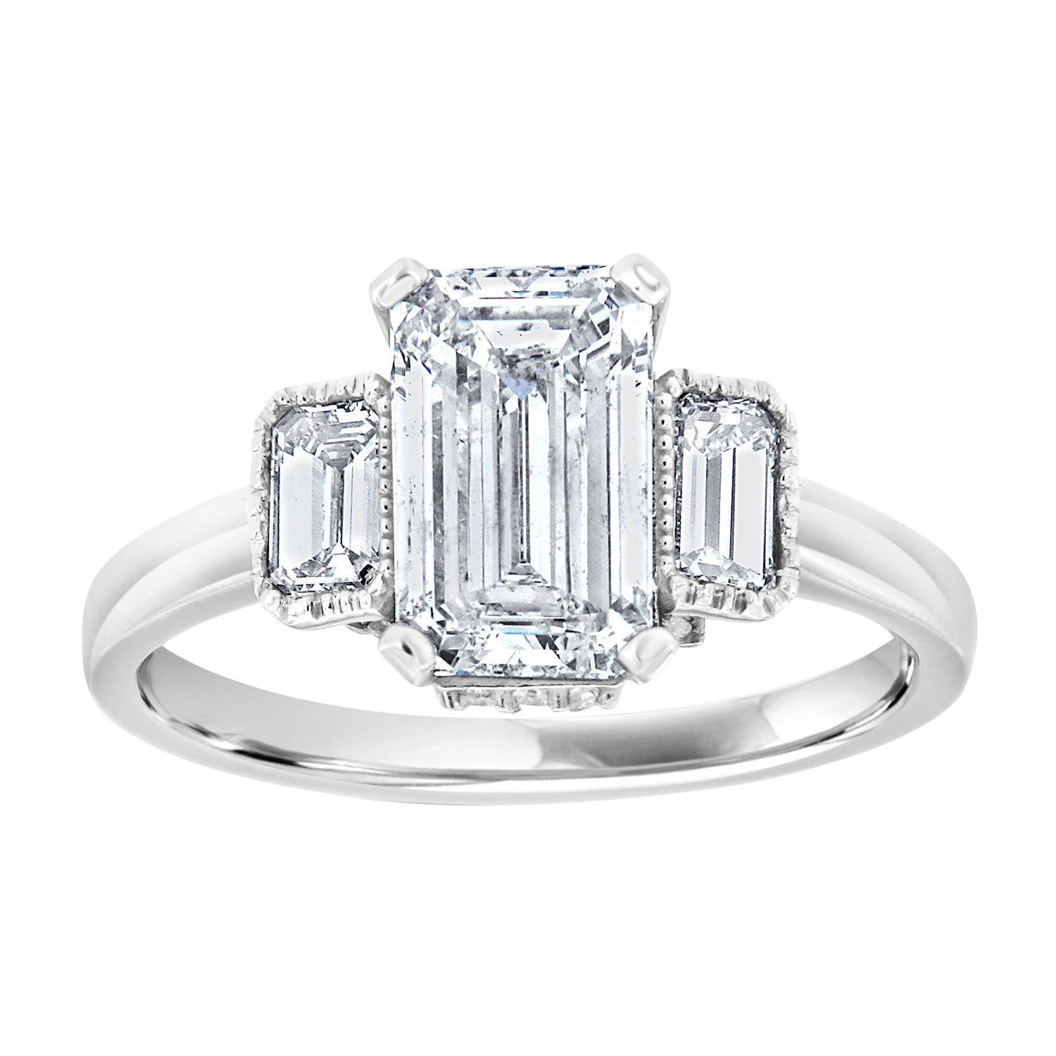 Bague Rosie en or blanc 14 carats à trois pierres avec diamants et émeraudes au centre, 1,63 carat