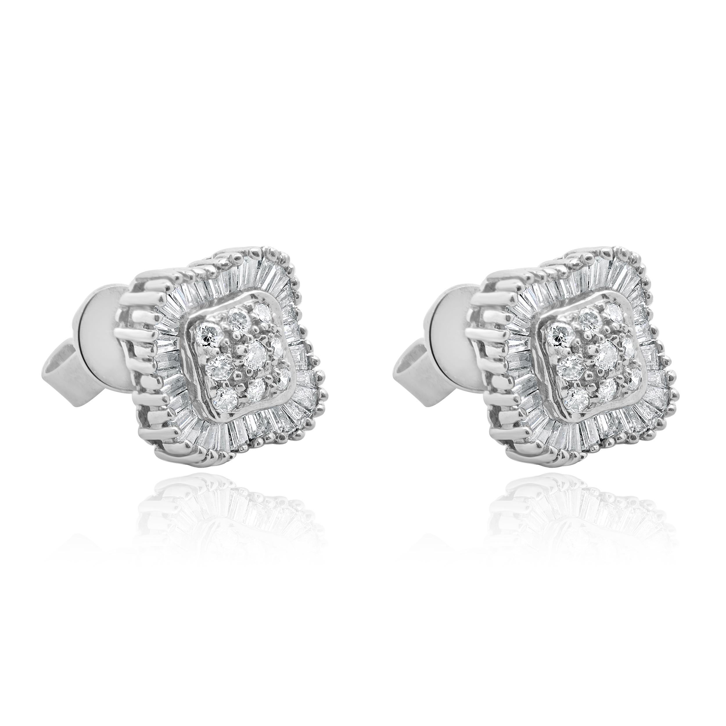 Round Cut 14 Karat White Gold Round and Baguette Cut Diamond Cluster Stud Earrings For Sale
