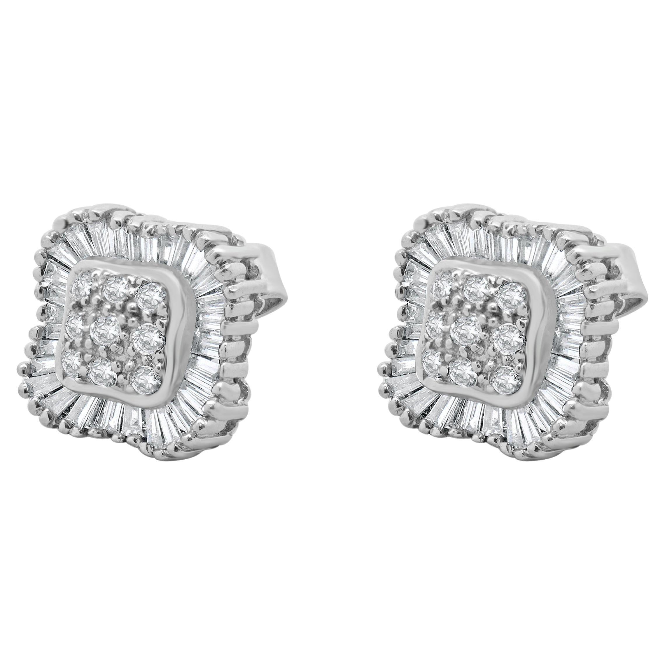 14 Karat White Gold Round and Baguette Cut Diamond Cluster Stud Earrings For Sale