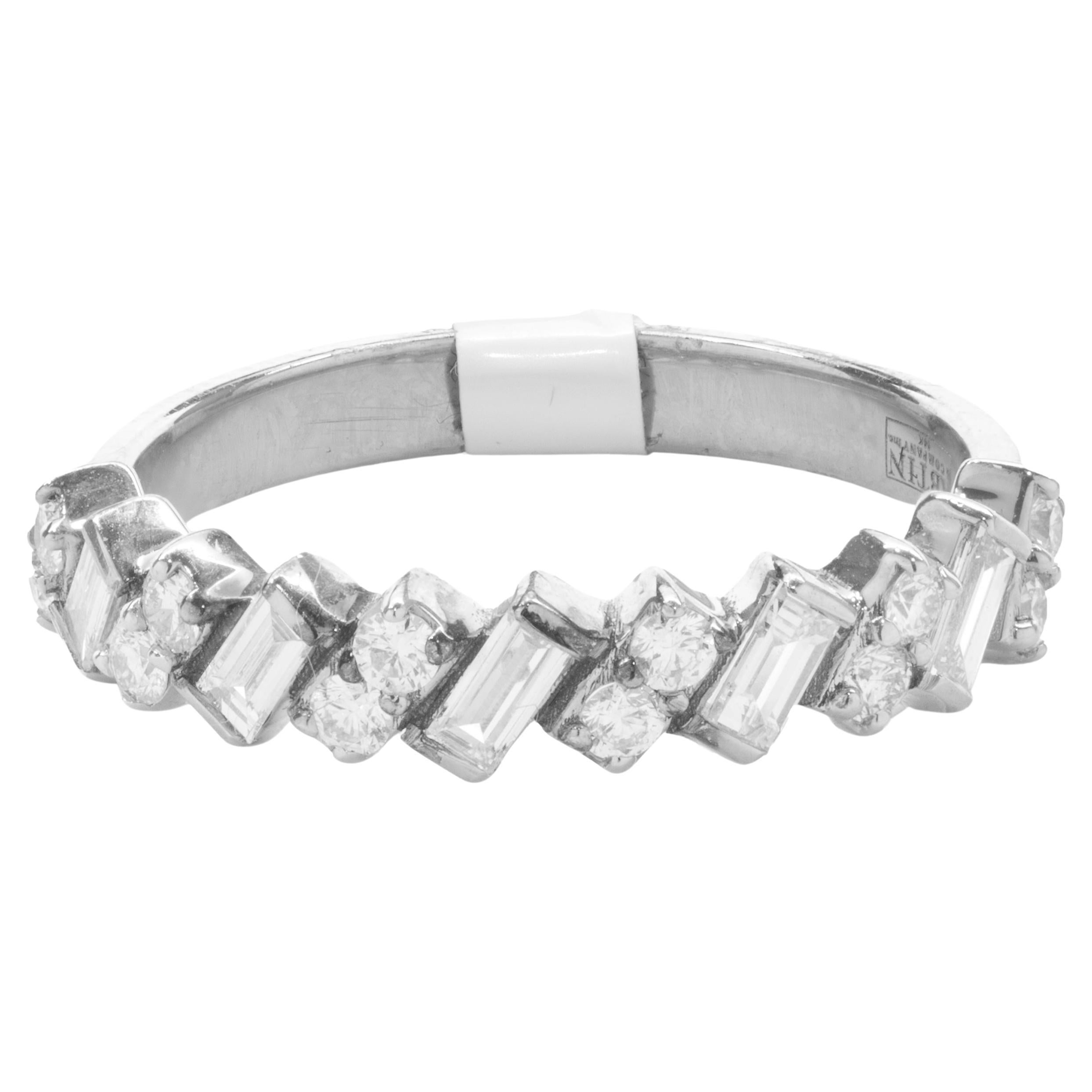 14 Karat White Gold Round and Baguette Diamond Station Band For Sale at