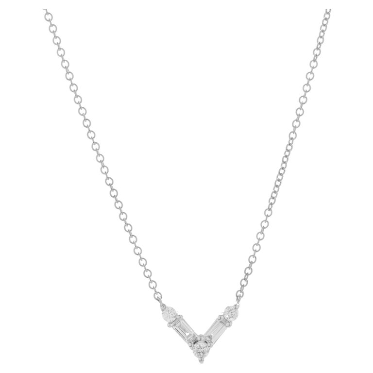 14 Karat White Gold Round and Baguette Cut Diamond V Necklace For Sale