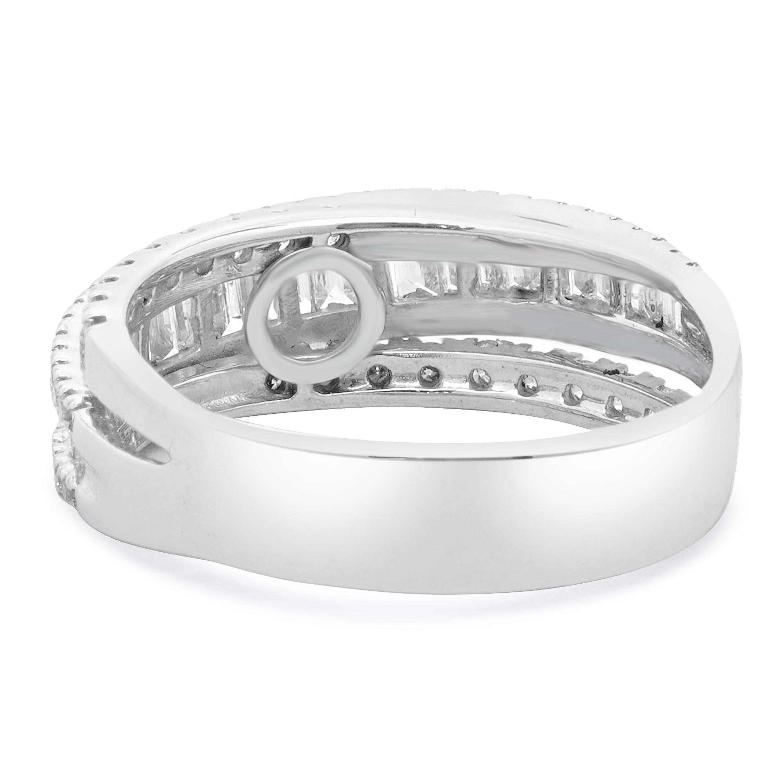 Bague bypass en or blanc 14 carats avec diamants ronds et baguettes Excellent état - En vente à Scottsdale, AZ