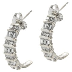 14 Karat White Gold Round and Baguette Diamond J Style Hoop Earrings