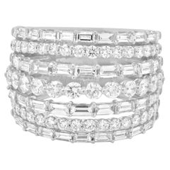 14 Karat White Gold Round and Baguette Diamond Seven Row Dome Ring