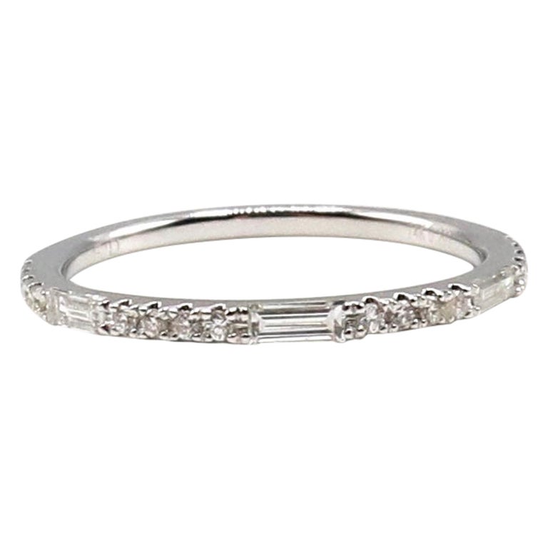 14 Karat White Gold Round and Baguette Diamond Wedding Band Stackable ...
