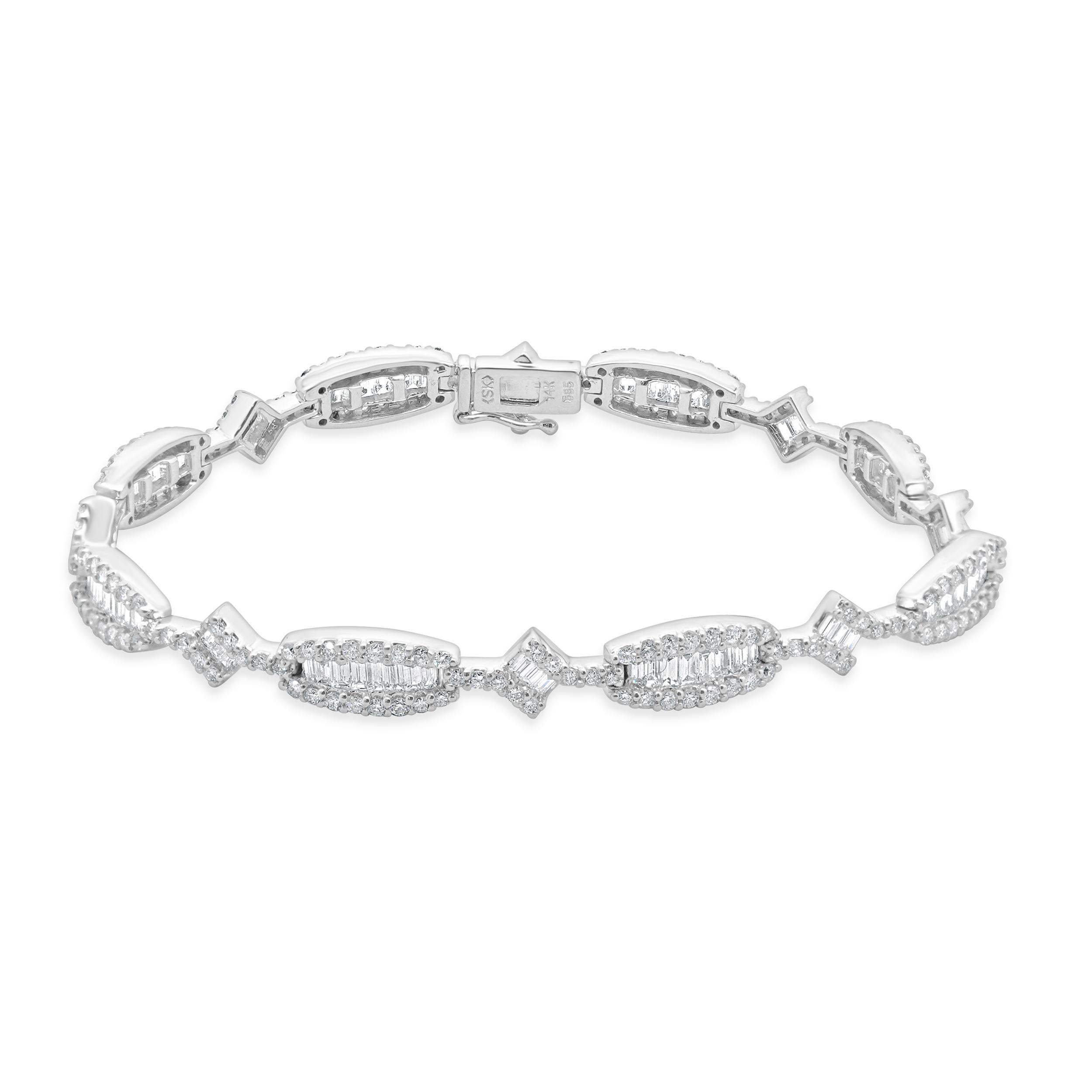 Bracelet en or blanc 14 carats diamants ronds et baguettes en ligne
