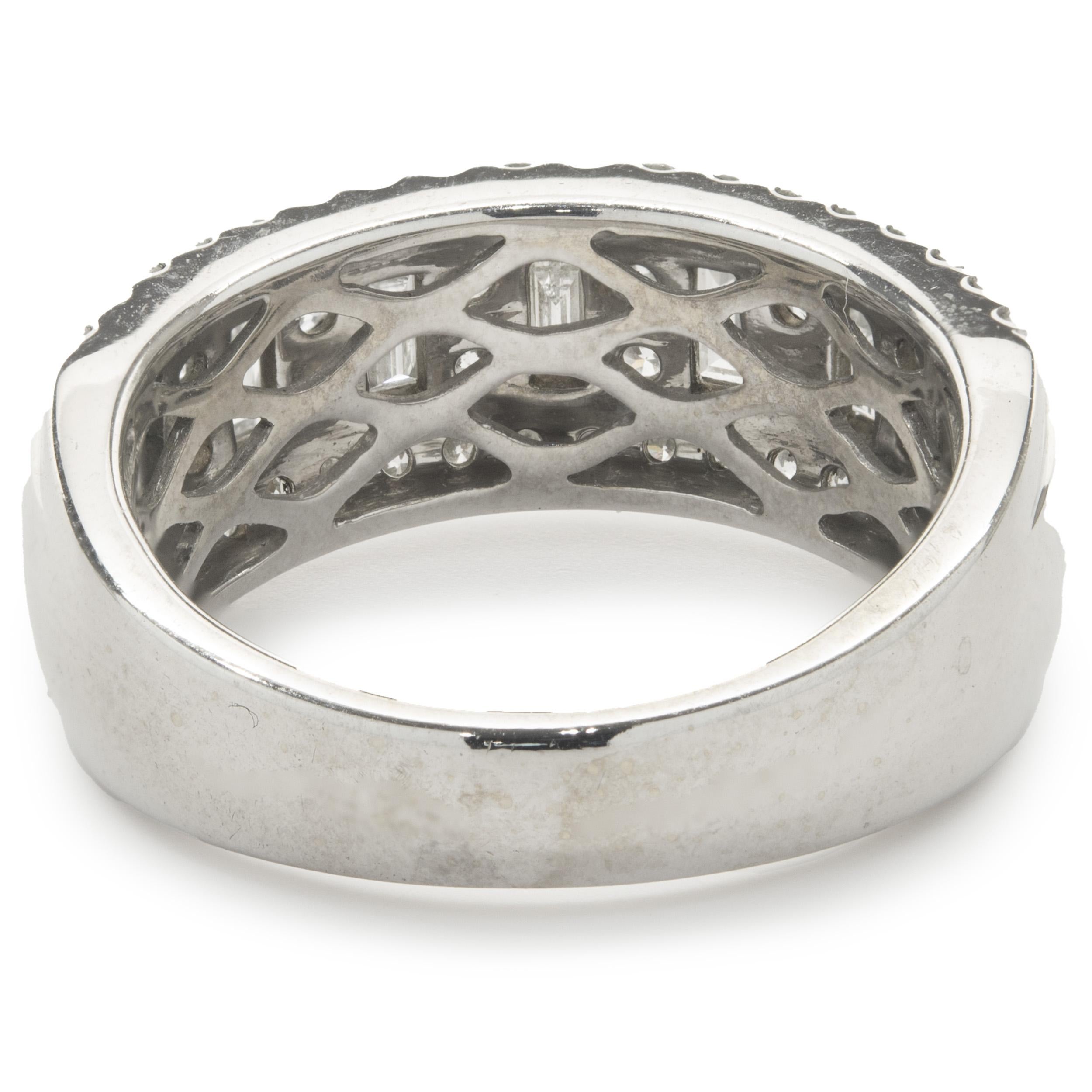 14 Karat White Gold Round and Baguette Three Row Diamond Band For Sale ...