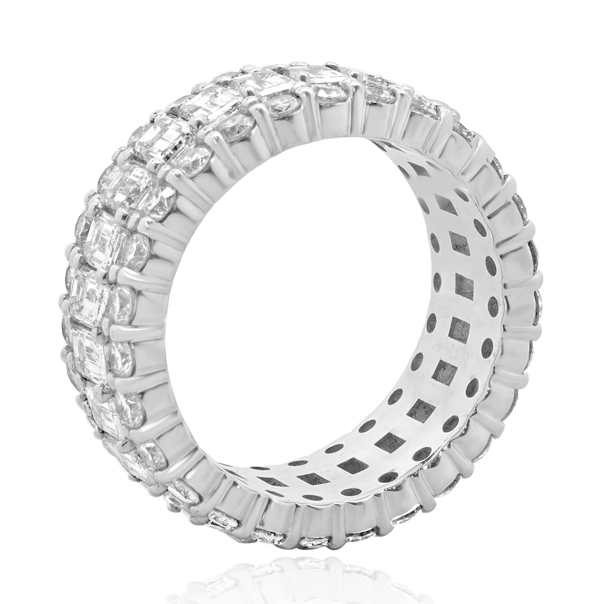Round Cut 14 Karat White Gold Round and Emerald Cut Three Row Diamond Cigar Band