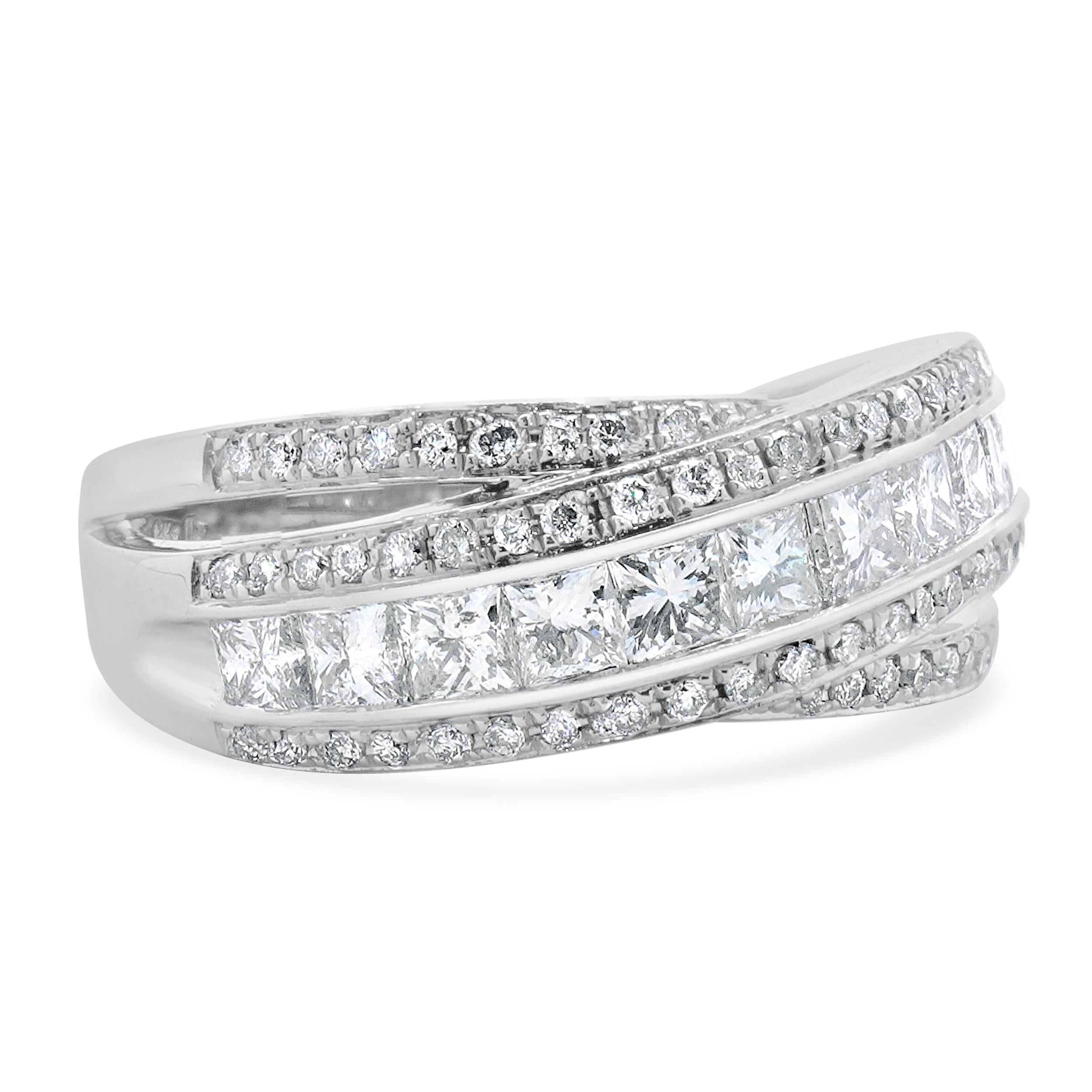 Designer: custom
Material: 14K white gold
Diamond: 60 round brilliant cut = 0.60cttw
Color: I
Clarity: SI2
Diamond: 11 princess cut = 1.10cttw
Color: I
Clarity: SI2
Ring size: 7 (please allow two additional shipping days for sizing requests)
Weight: