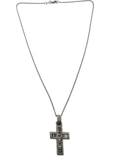 14 Karat White Gold Round & Baguette Diamond Cross Pendant Necklace