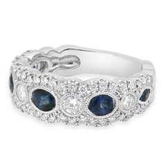 14 Karat White Gold Round Blue Sapphire and Round Diamond Band