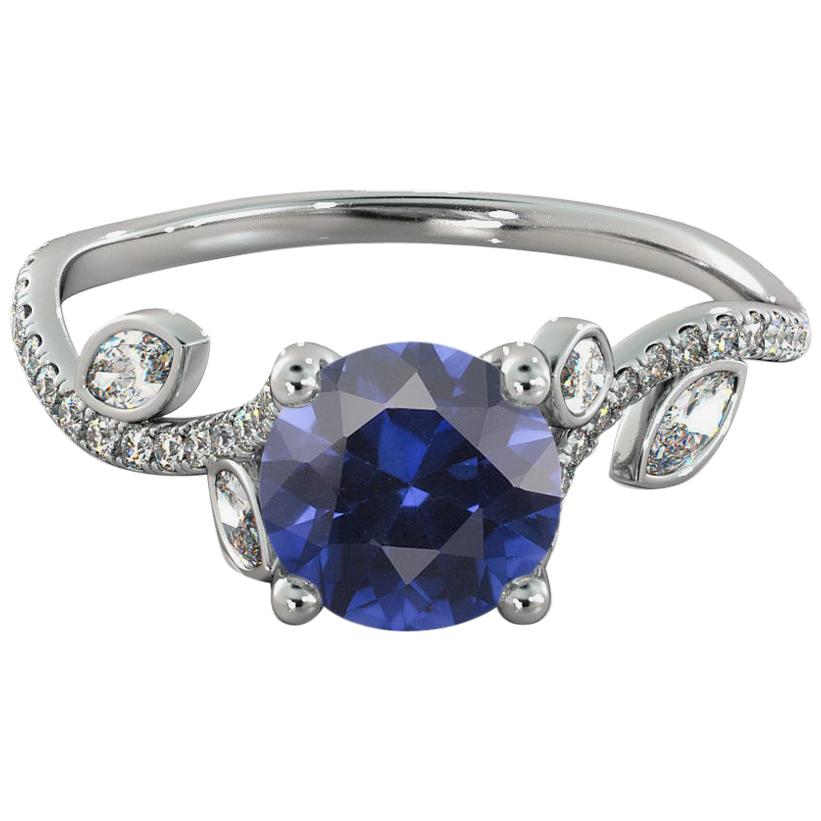 14 Karat White Gold Round Blue Sapphire Flower Style Engagement Ring
