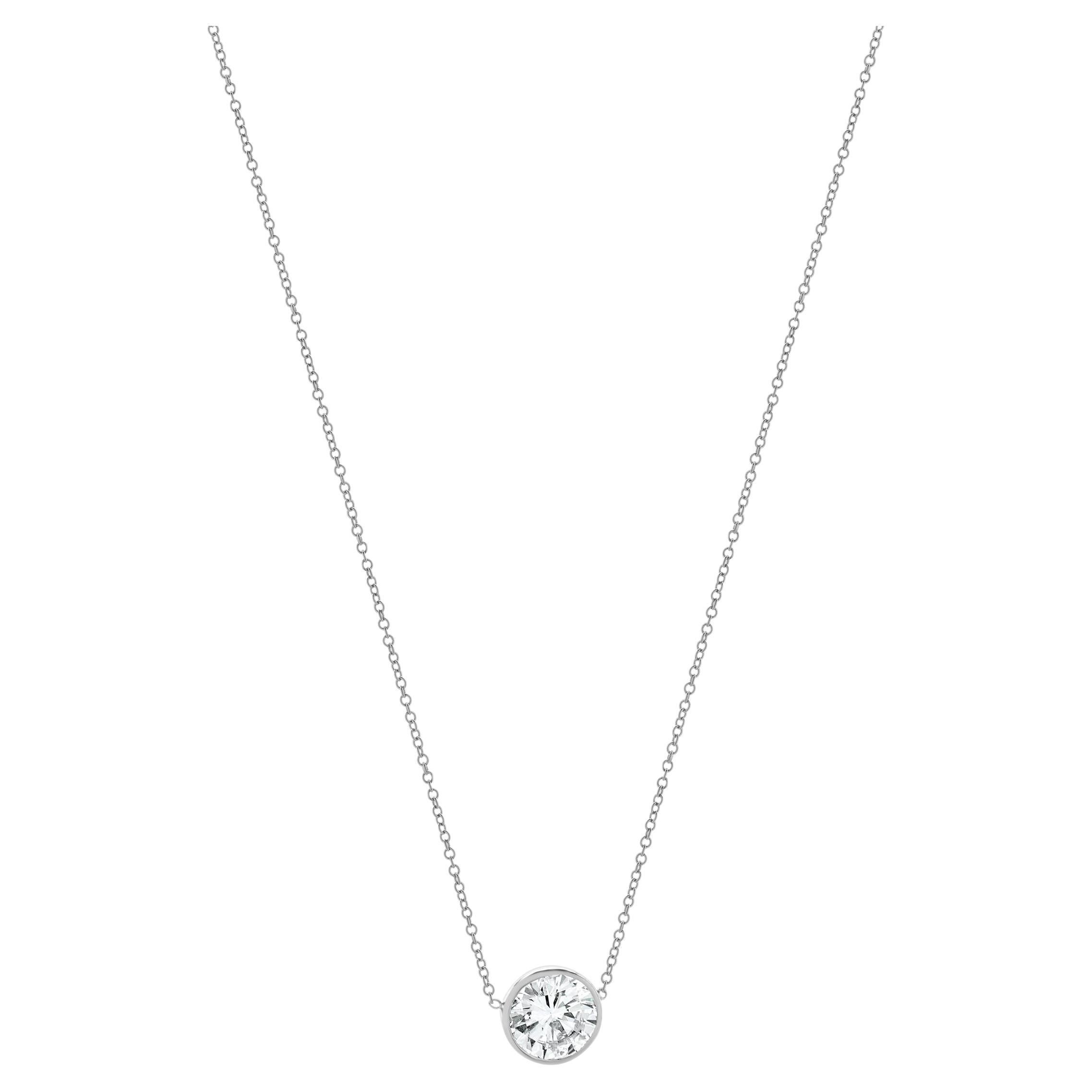 14 Karat White Gold Round Brilliant Cut Bezle Set Diamond Solitaire Necklace For Sale