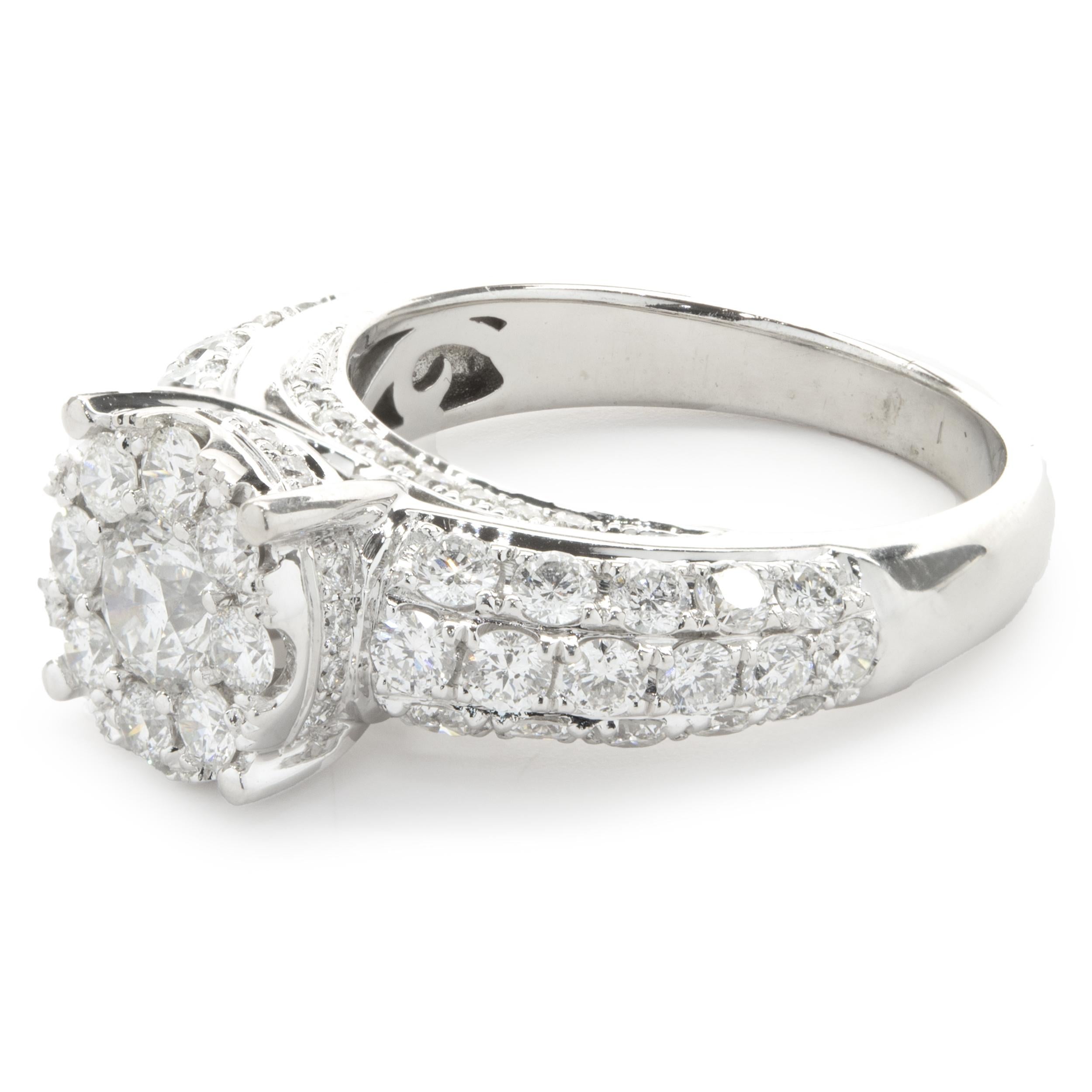 Round Cut 14 Karat White Gold Round Brilliant Cut Diamond Cluster Engagement Ring
