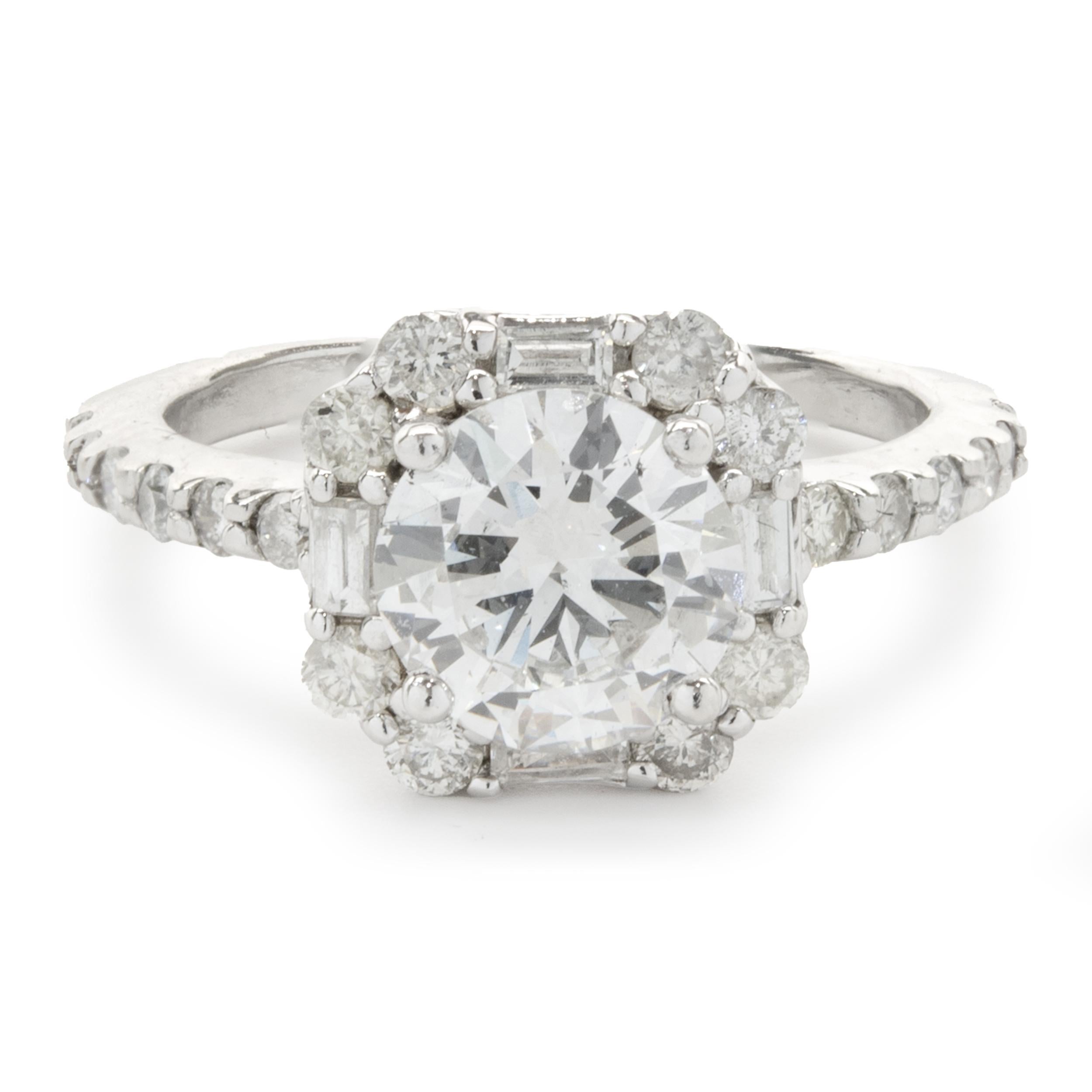 Designer: custom
Material: 14K white gold
Diamond: 1 round brilliant cut = 1.05ct
Color: G
Clarity: SI1
Diamond: 20 round brilliant cut & 4 baguette cut = .32cttw
Color: H
Clarity: SI1
Ring Size: 4 (please allow up to 2 additional business days for