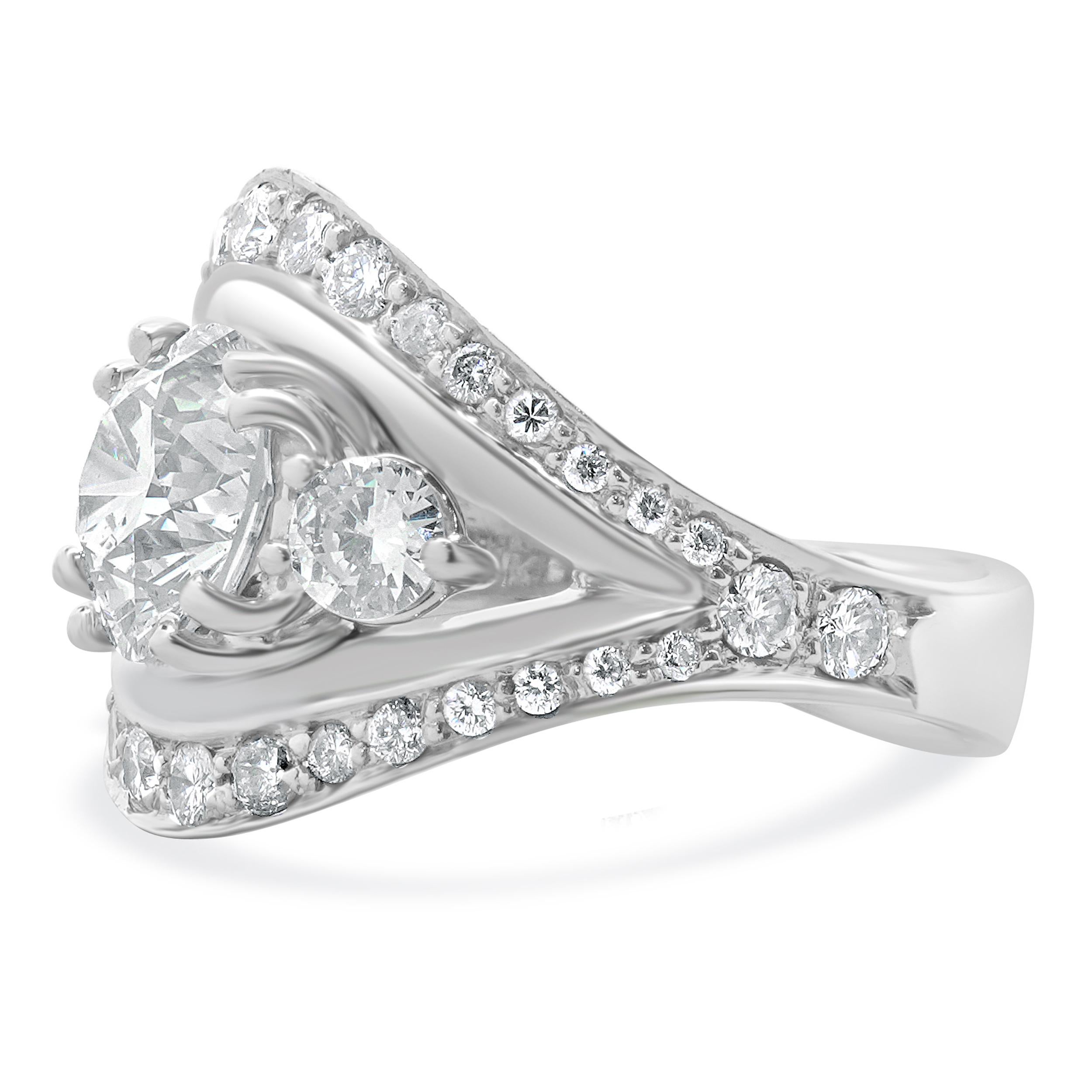 Material: 14K white gold
Diamond: 1 round brilliant cut = 2.51ct
Color: K
Clarity: SI1
Diamond: 38 round brilliant cut = 1.24cttw
Color: J/K/L
Clarity: SI1-2
Ring Size: 6.5 (please allow up to 2 additional business days for sizing
