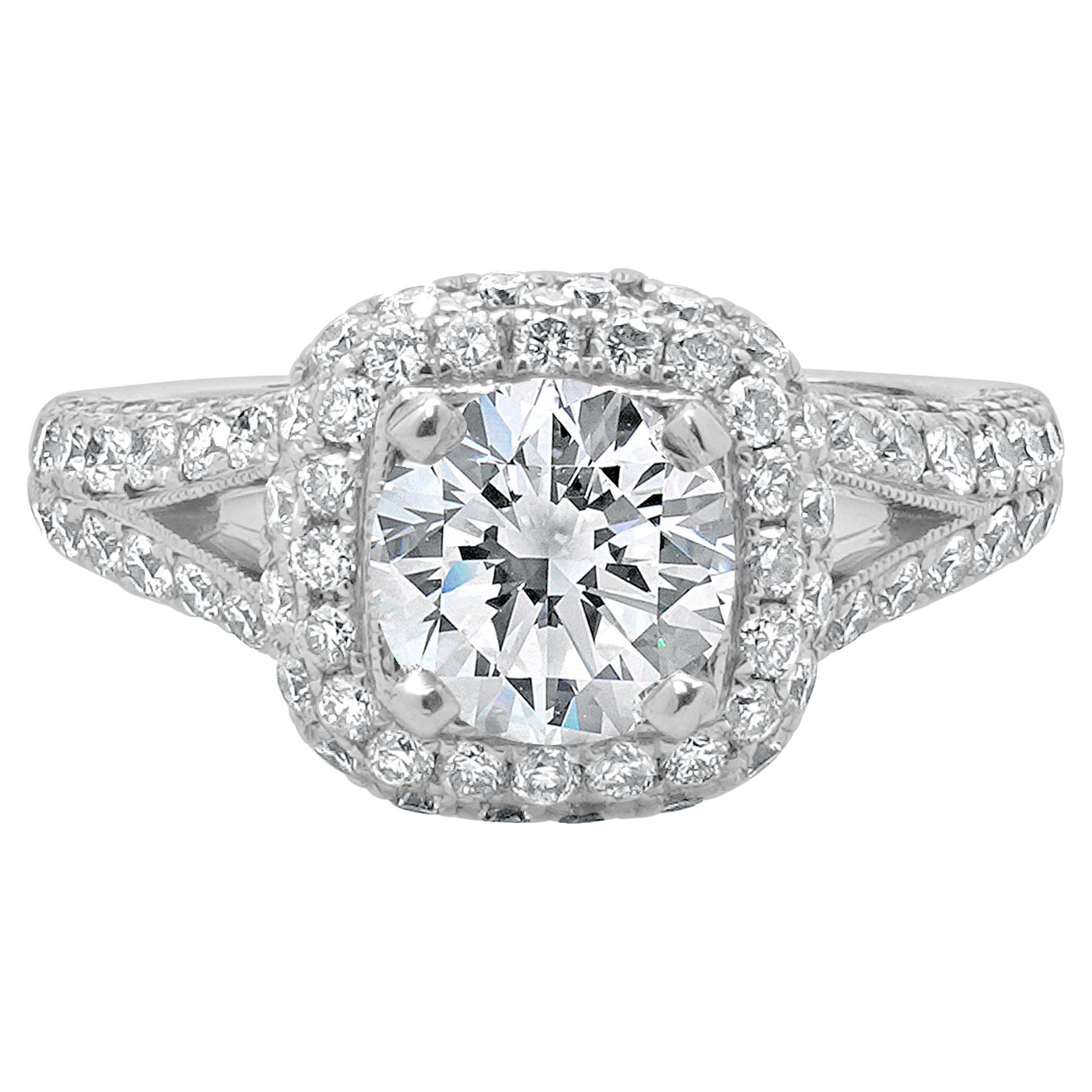 14 Karat White Gold Round Brilliant Cut Diamond Engagement Ring For Sale