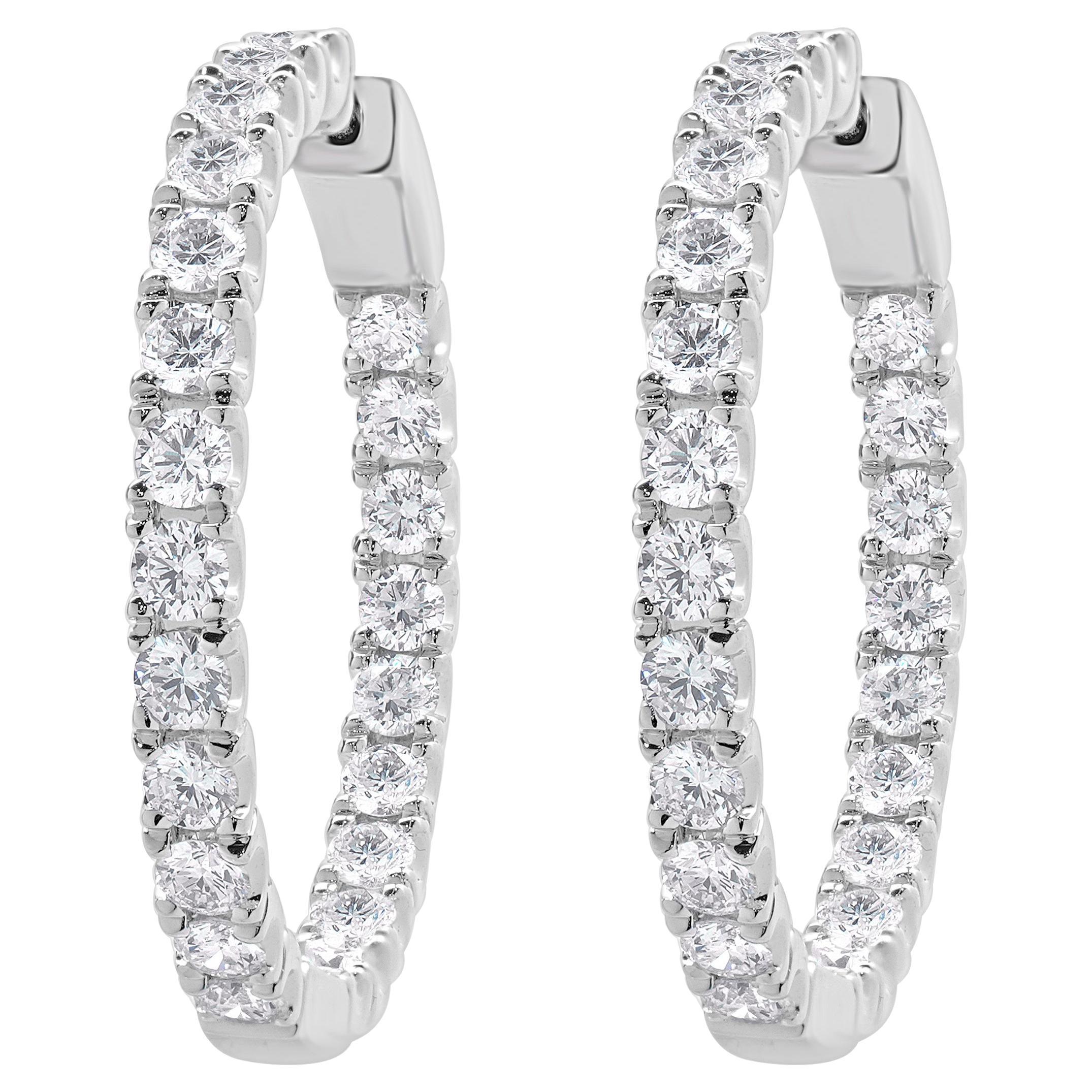 14 Karat White Gold Round Brilliant Cut Diamond Hoop Earrings
