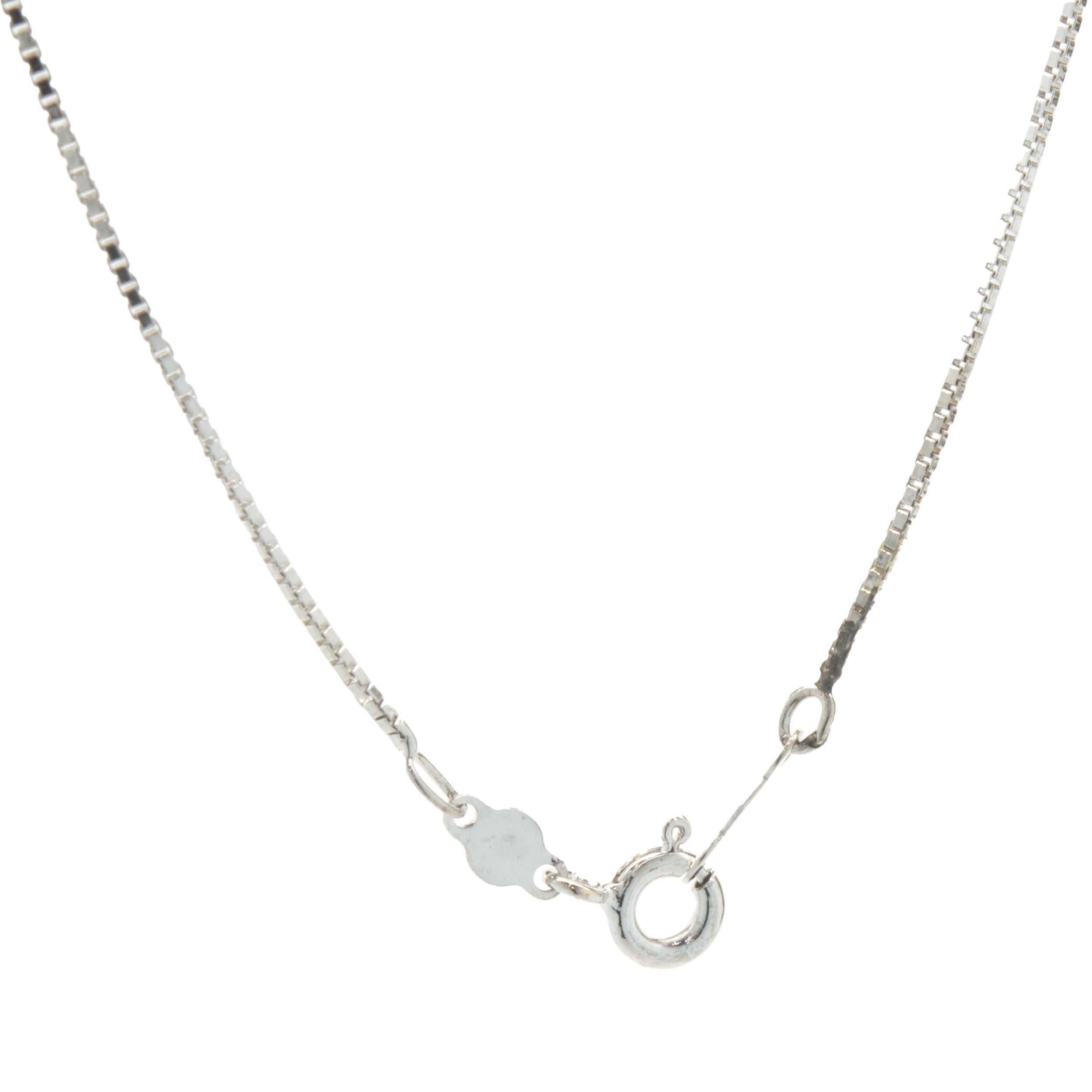 Designer: custom design
Material: 14K white gold
Diamond: 1 round brilliant cut = 0.94cttw
Color: H
Clarity: I1
Dimensions: necklace measures 16-inches in length 
Weight: 3.05 grams