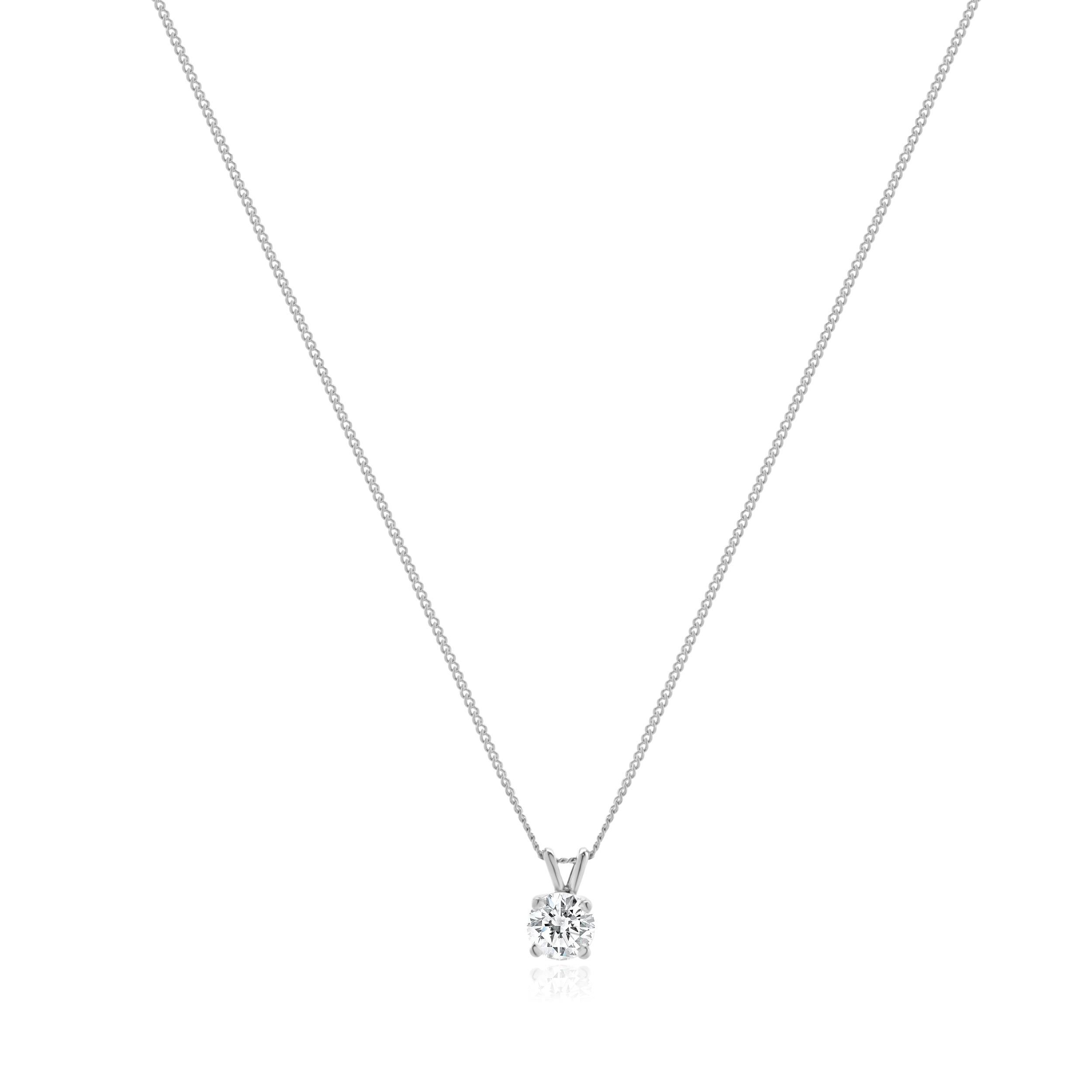 Designer: custom design
Material: 14K white gold
Diamond: 1 round brilliant cut = 1.01cttw
Color: G
Clarity: SI2
IGL: 2287894018
Dimensions: necklace measures 18.75-inches in length
Weight: 2.80 grams
