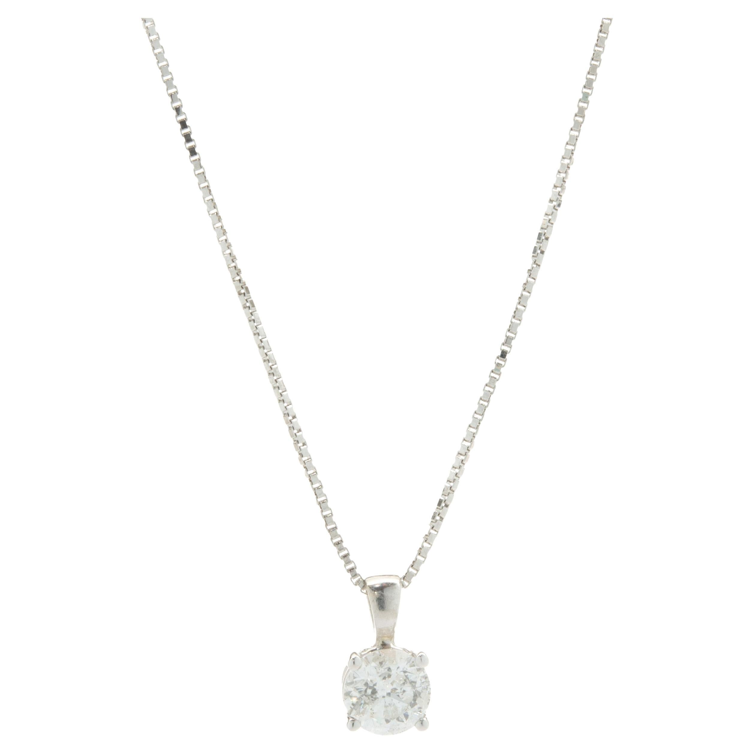 14 Karat White Gold Round Brilliant Cut Diamond Solitaire Necklace For Sale