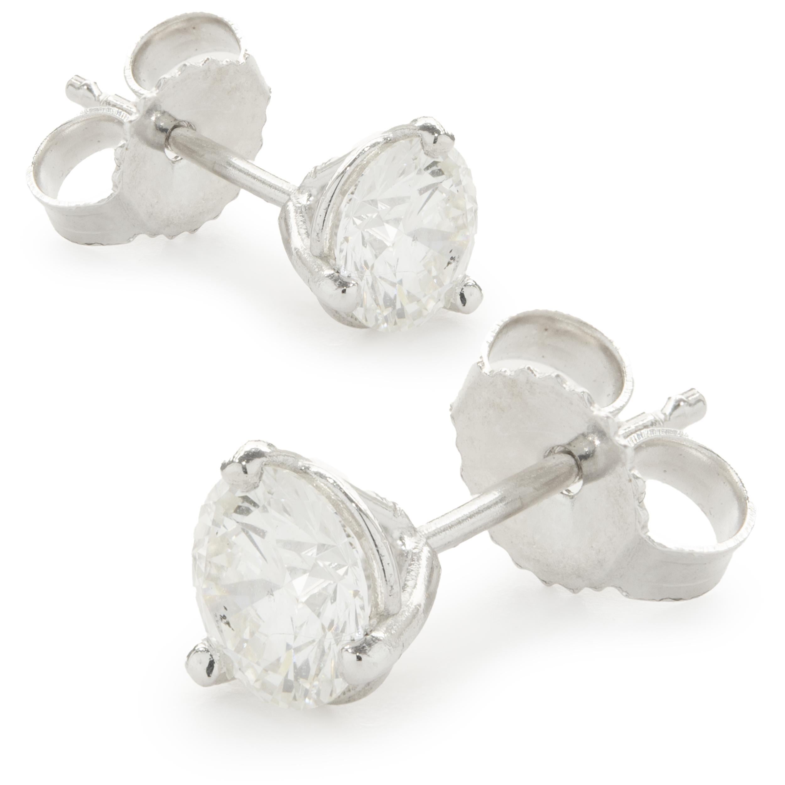 Material: 14k white gold
Diamonds: 2 round brilliant cut = 0.85cttw
Color: G / I
Clarity: VS2
Dimensions: earrings measure approximately 5.10mm in diameter
Fastenings: post with friction backs
Weight: 0.90 grams