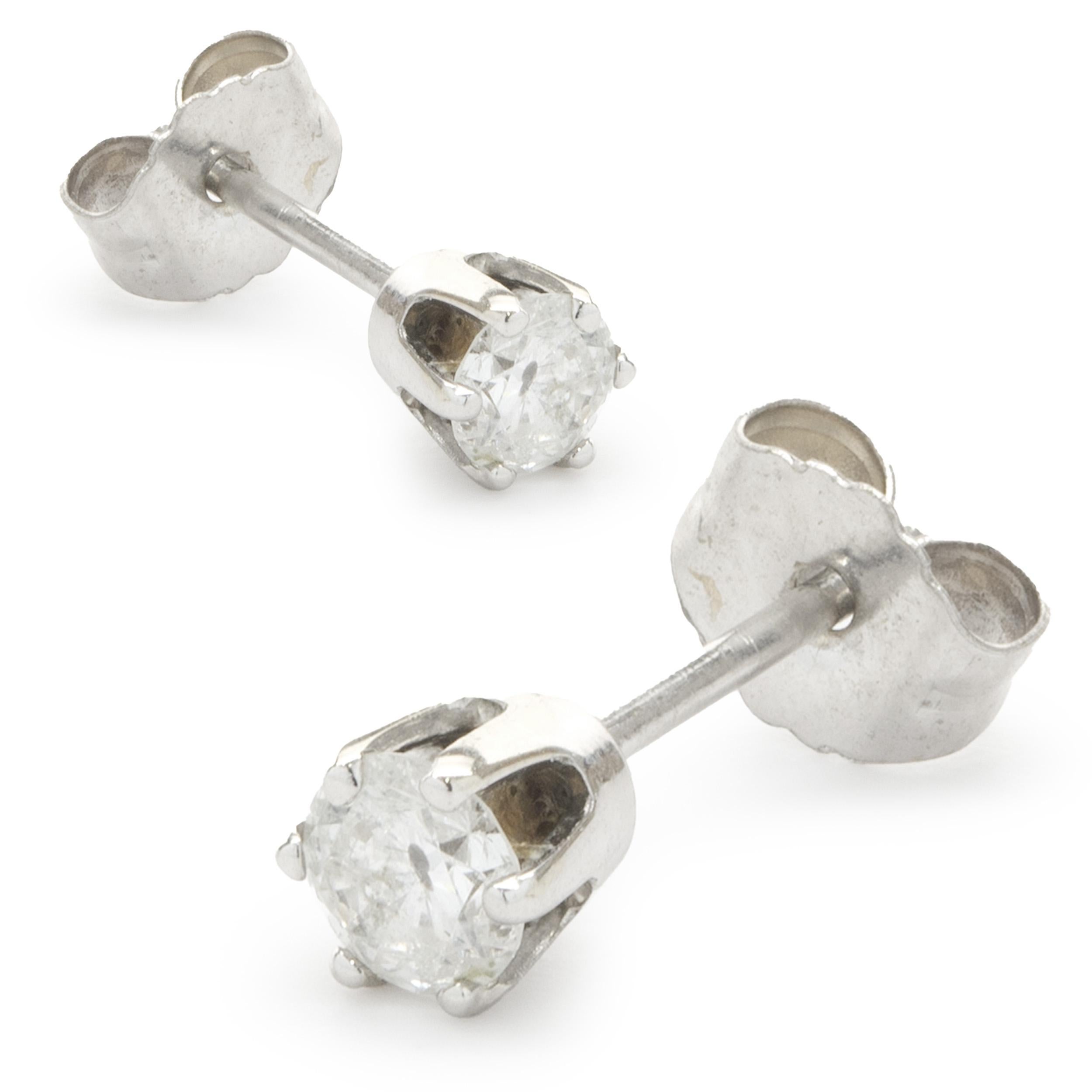 Material: 14k white gold
Diamonds: 2 round brilliant cut = 0.34cttw
Color: H
Clarity: I1
Dimensions: earrings measure approximately 3.5mm in diameter
Fastenings: post with friction backs
Weight: 0.70 grams