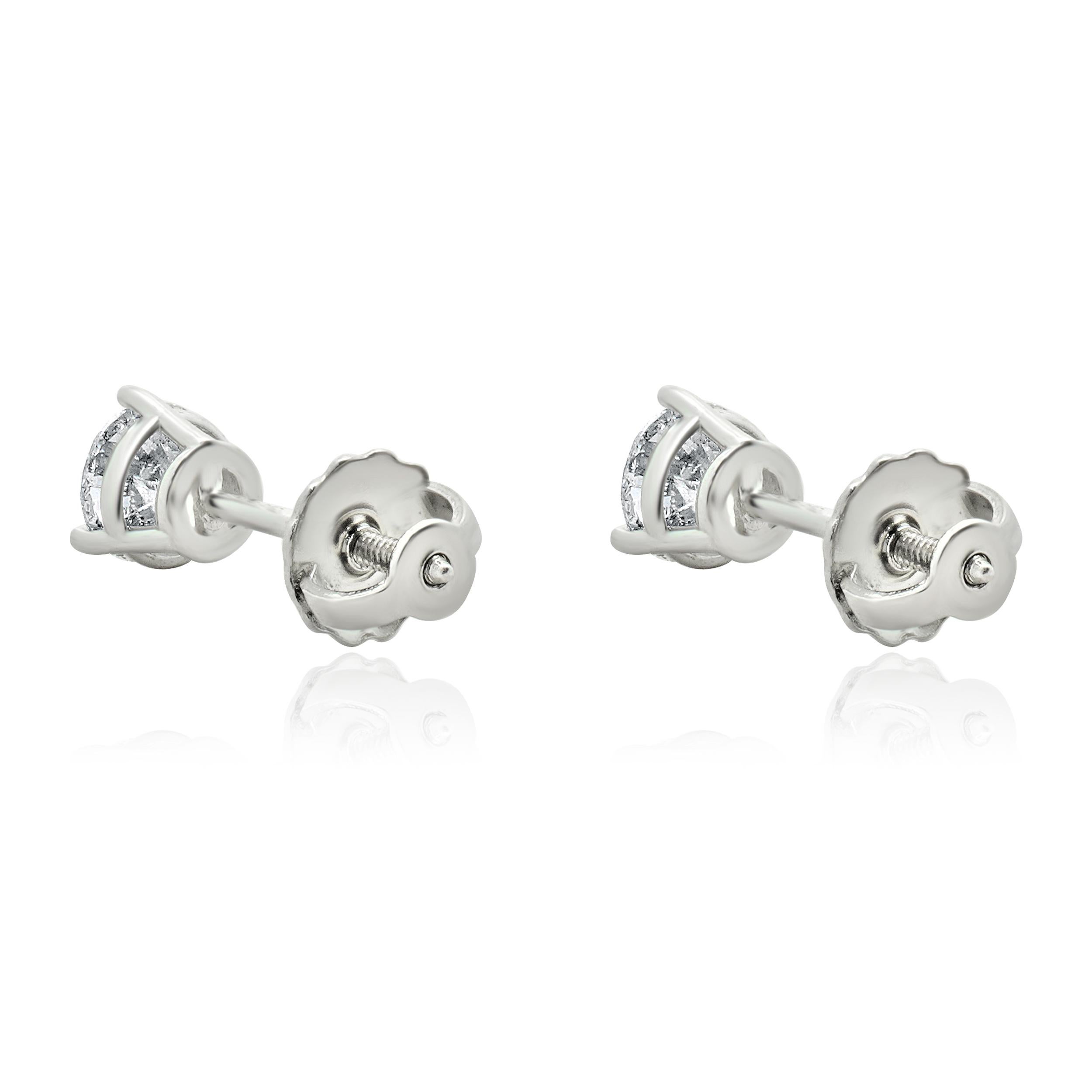 Round Cut 14 Karat White Gold Round Brilliant Cut Diamond Stud Earrings For Sale