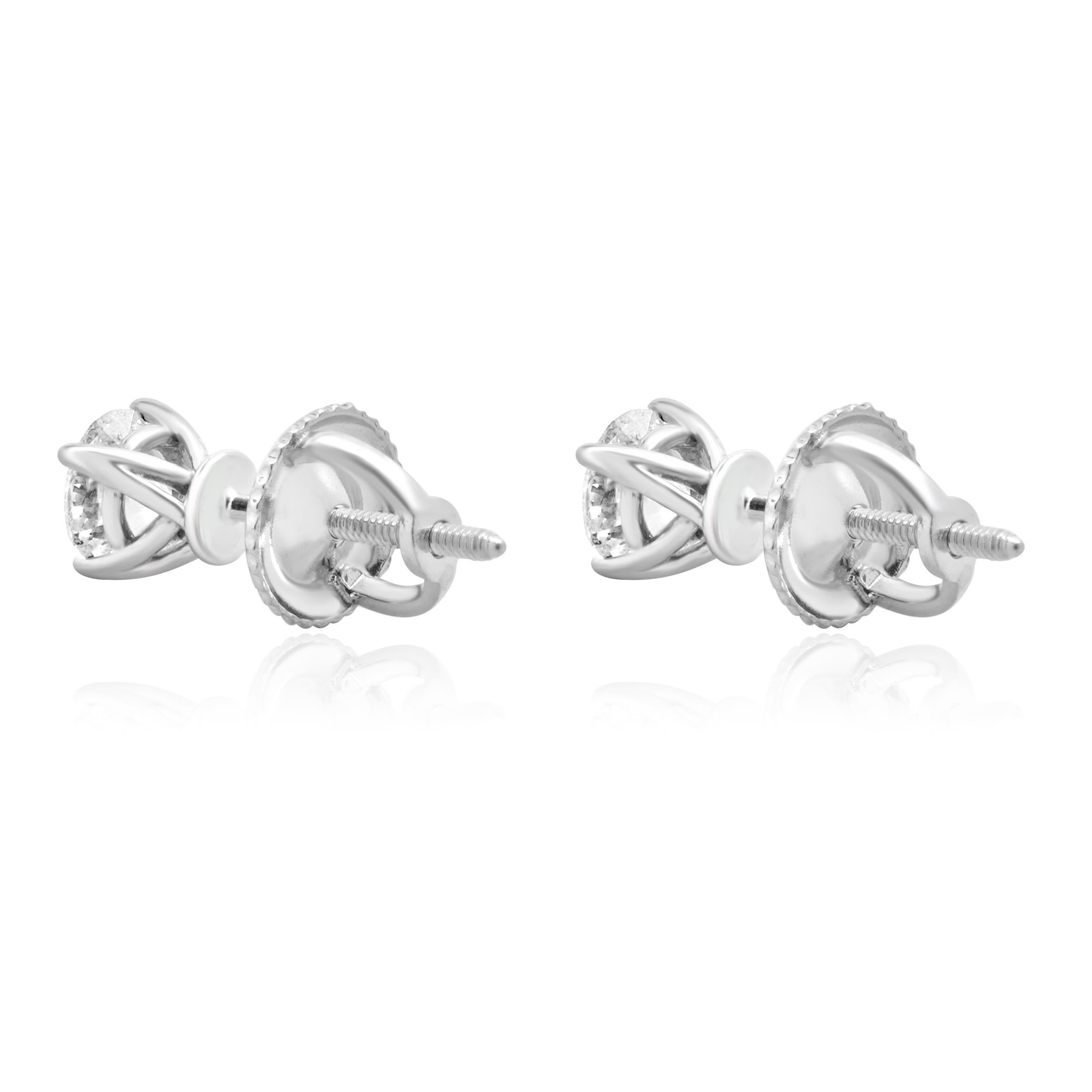 Taille ronde Clous d'oreilles en or blanc 14 carats avec diamants taille brillant rond en vente