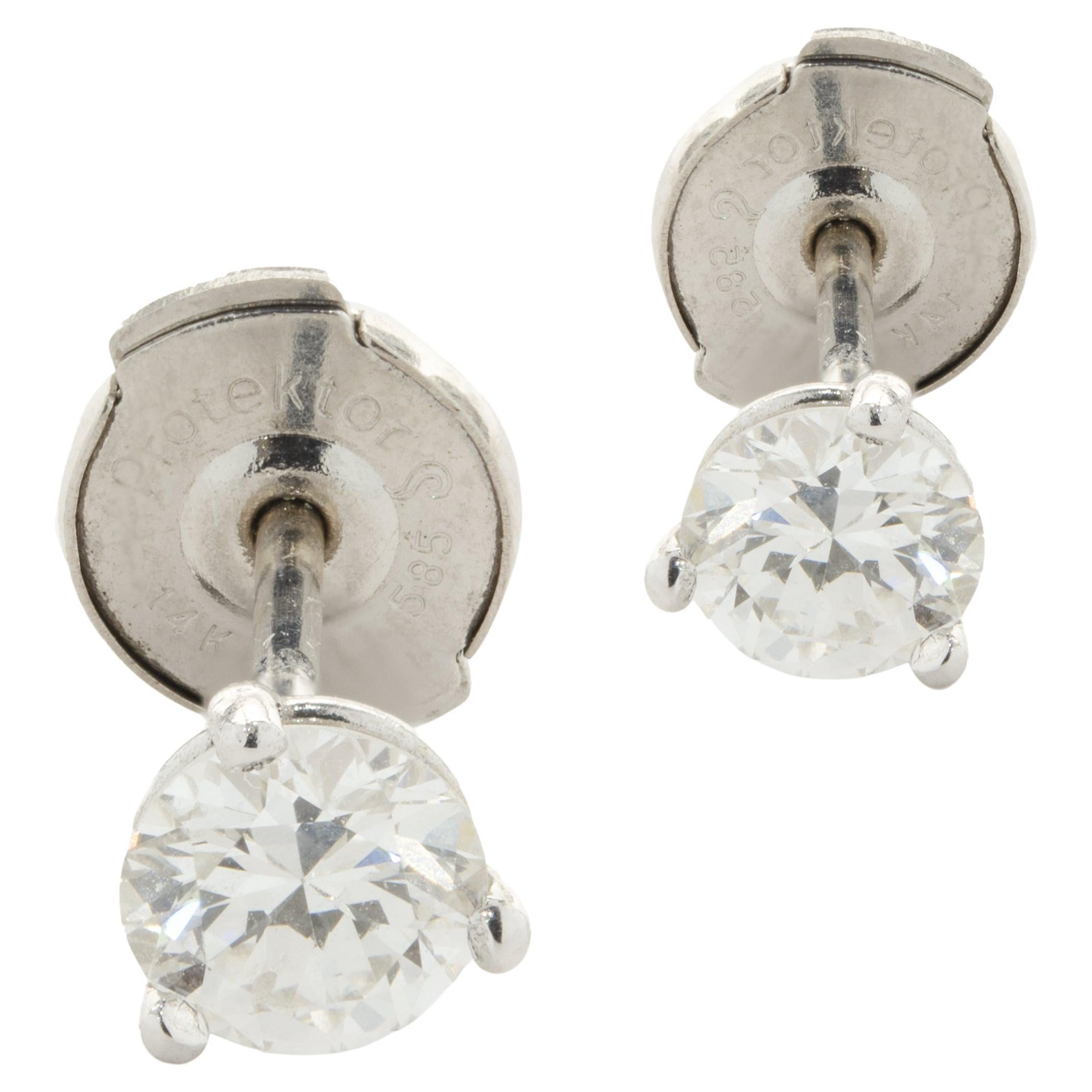 14 Karat White Gold Round Brilliant Cut Diamond Stud Earrings For Sale