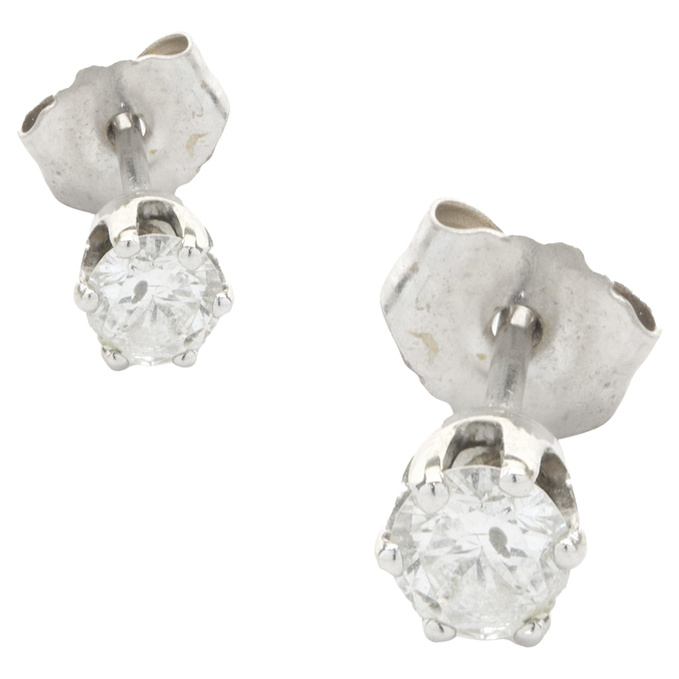 14 Karat White Gold Round Brilliant Cut Diamond Stud Earrings For Sale