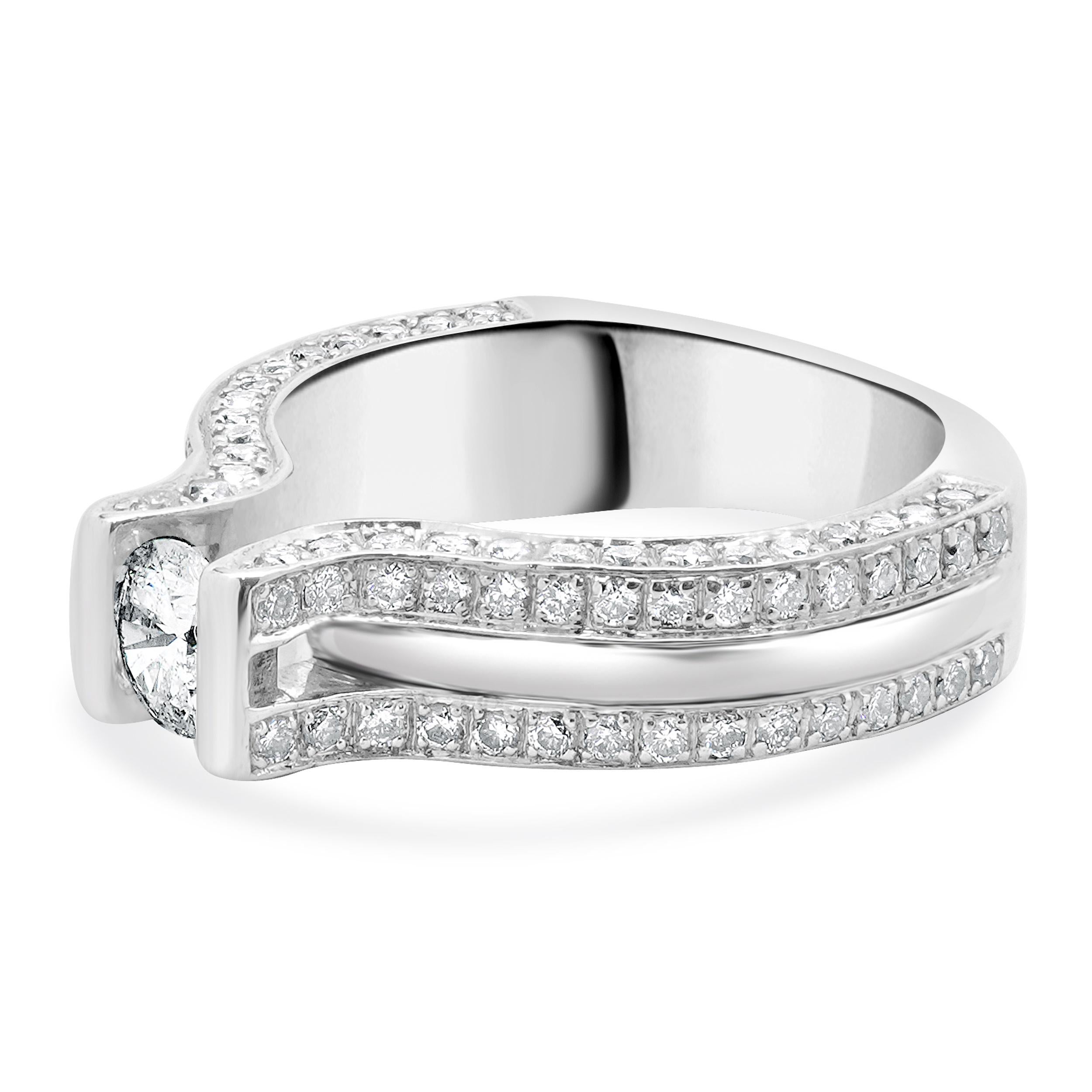 Designer: custom
Material: 14K white gold
Center Diamond: 1 round brilliant cut = 0.50ct
Color : H
Clarity : SI2 
Diamond: 112 round brilliant cut = 1.12cttw
Color: H
Clarity: SI2
Size: 7 complimentary sizing available 
Weight: 9.85 grams