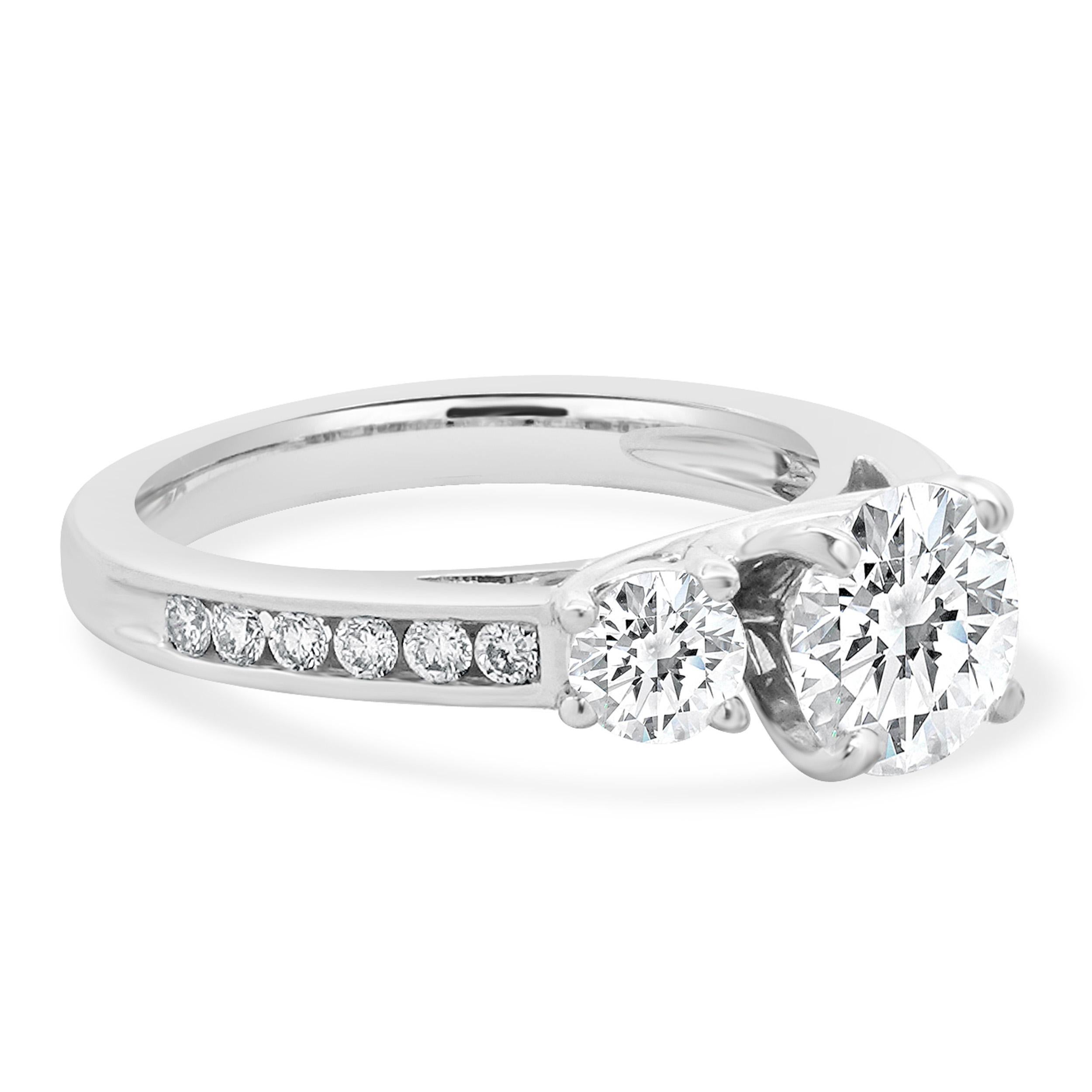 Round Cut 14 Karat White Gold Round Brilliant Cut Three Stone Diamond Engagement Ring For Sale