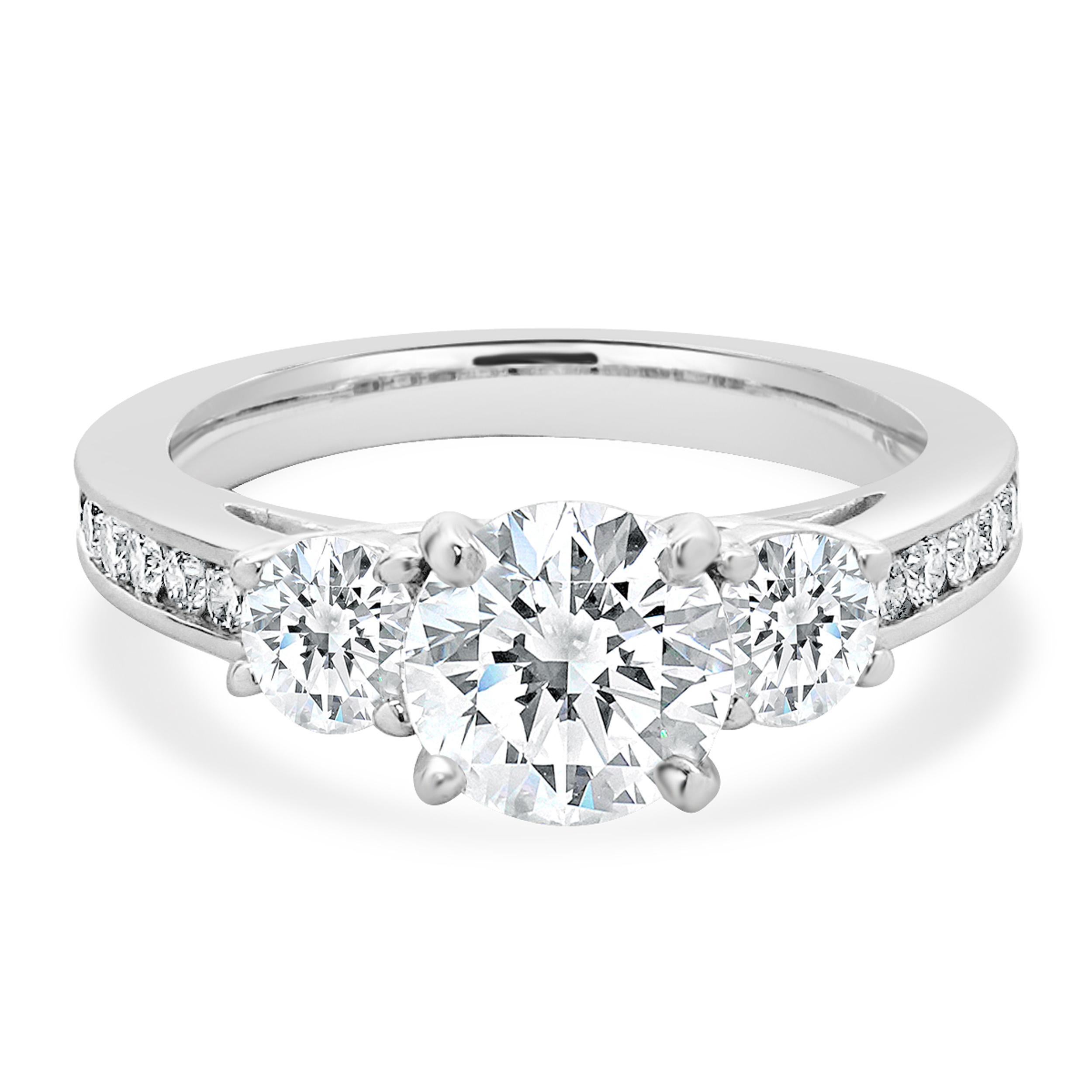 14 Karat White Gold Round Brilliant Cut Three Stone Diamond Engagement Ring
